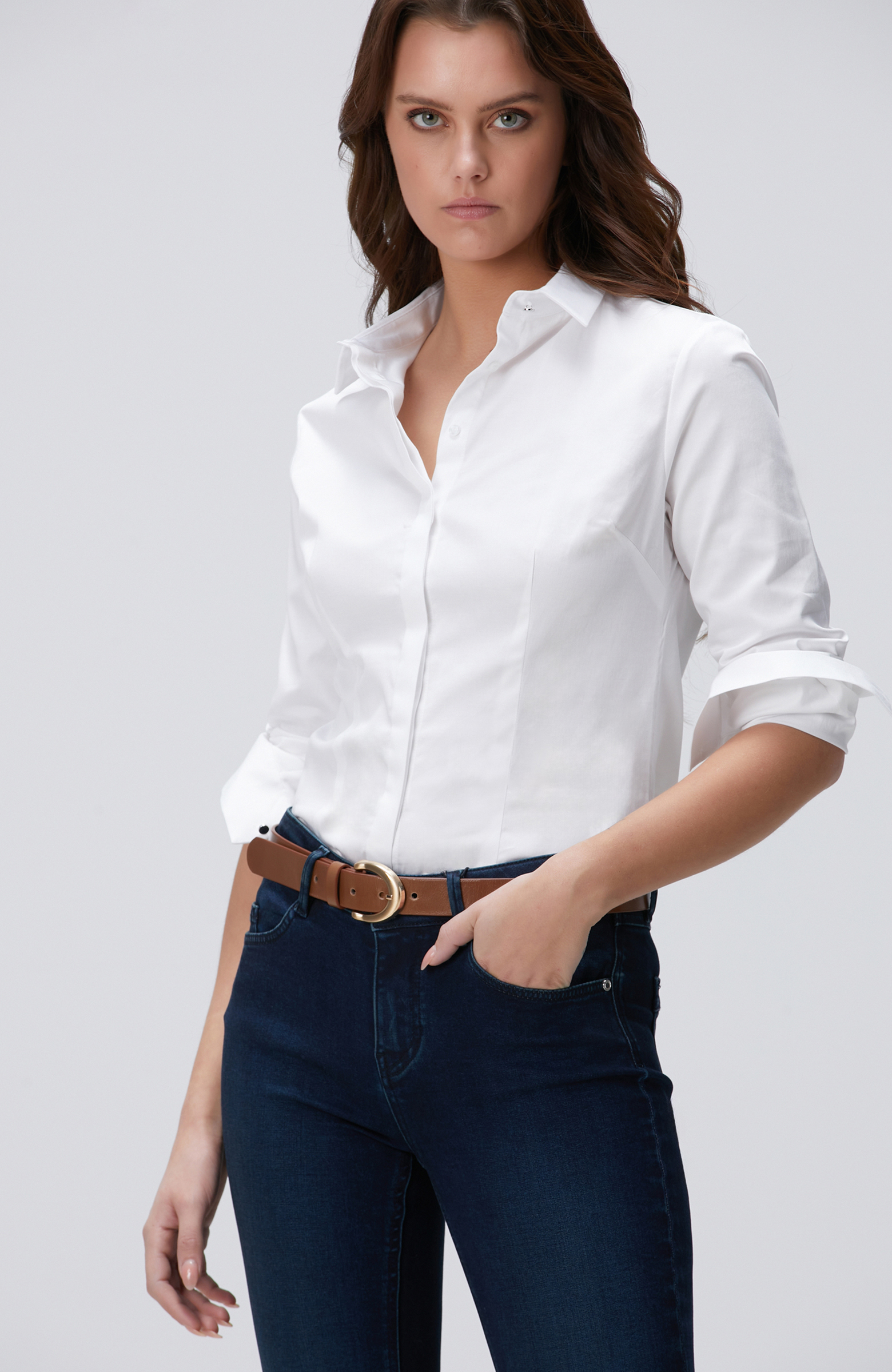 Beyaz Pamuk-Saten Basic Gömlek