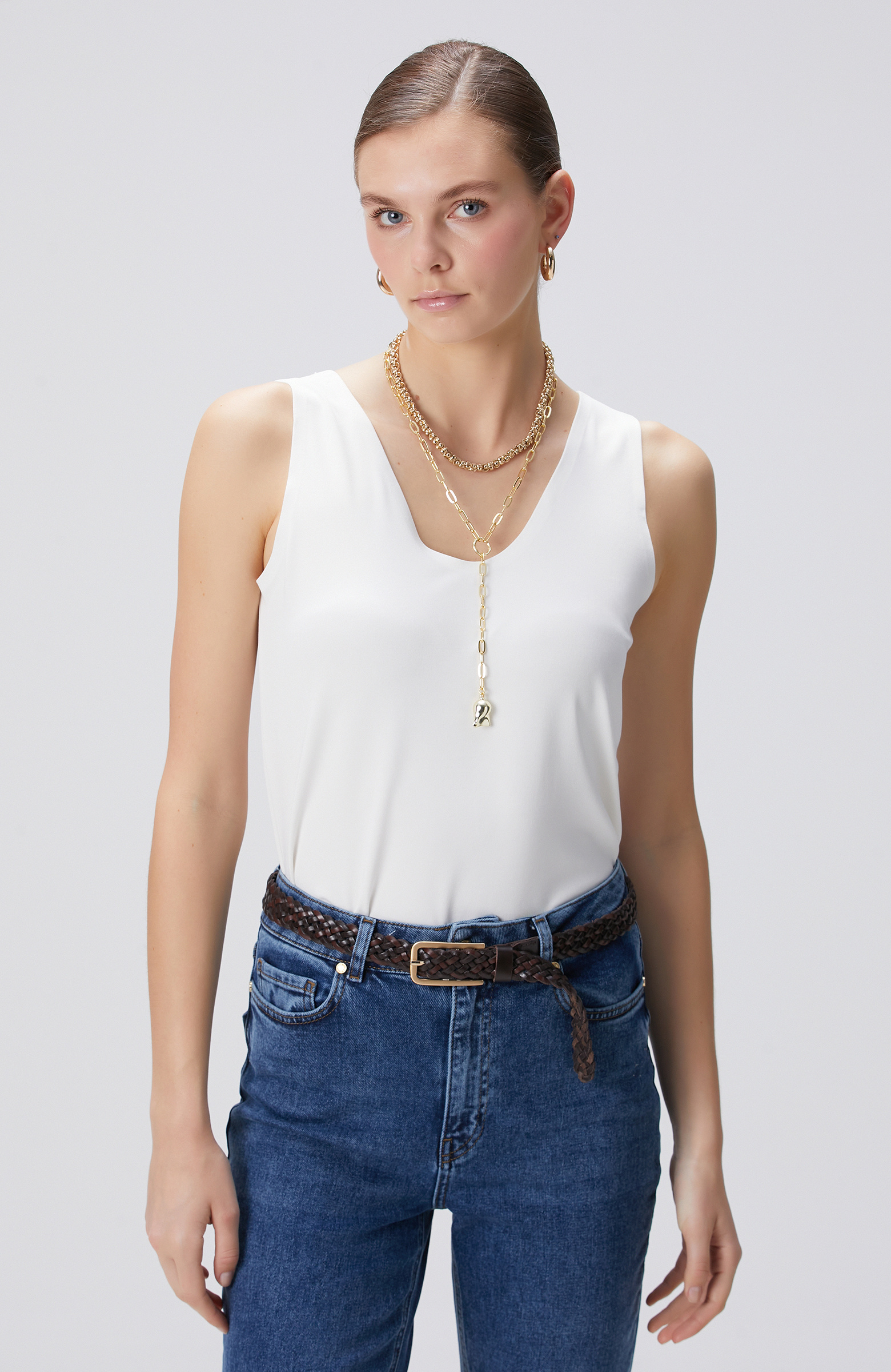 Kırık Beyaz Basic Örme Bluz