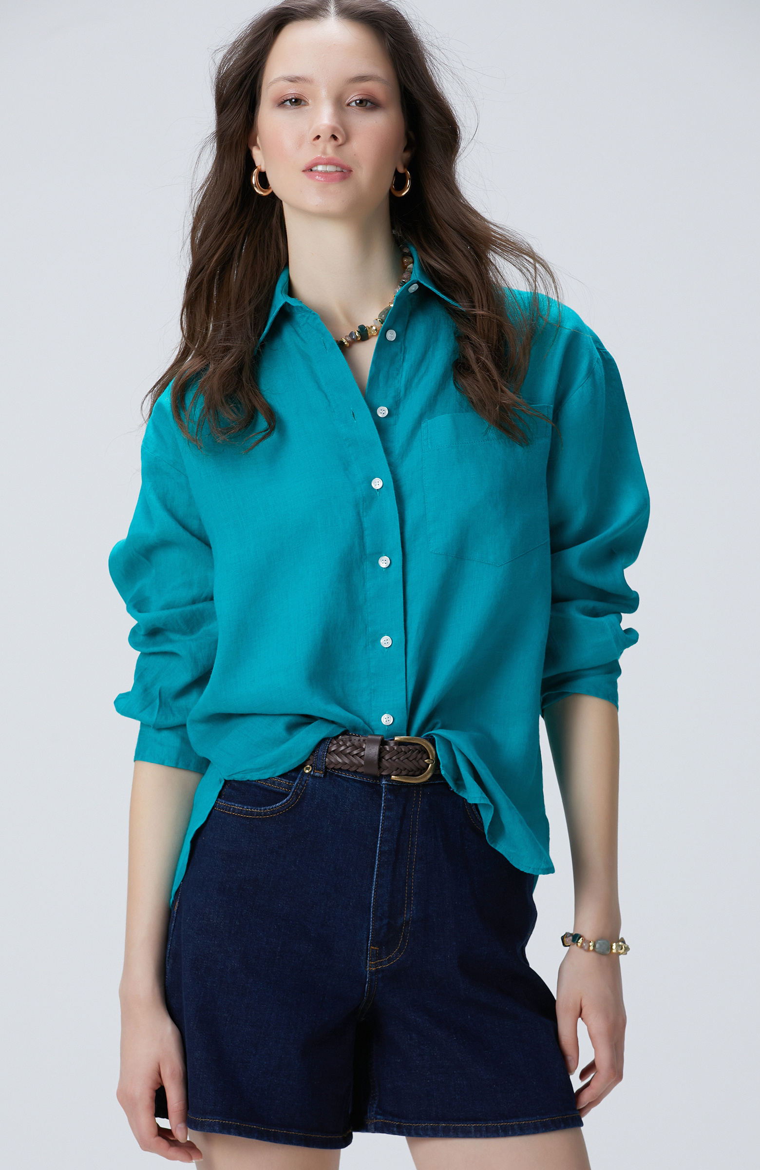 Yeşil Basic Keten Gömlek