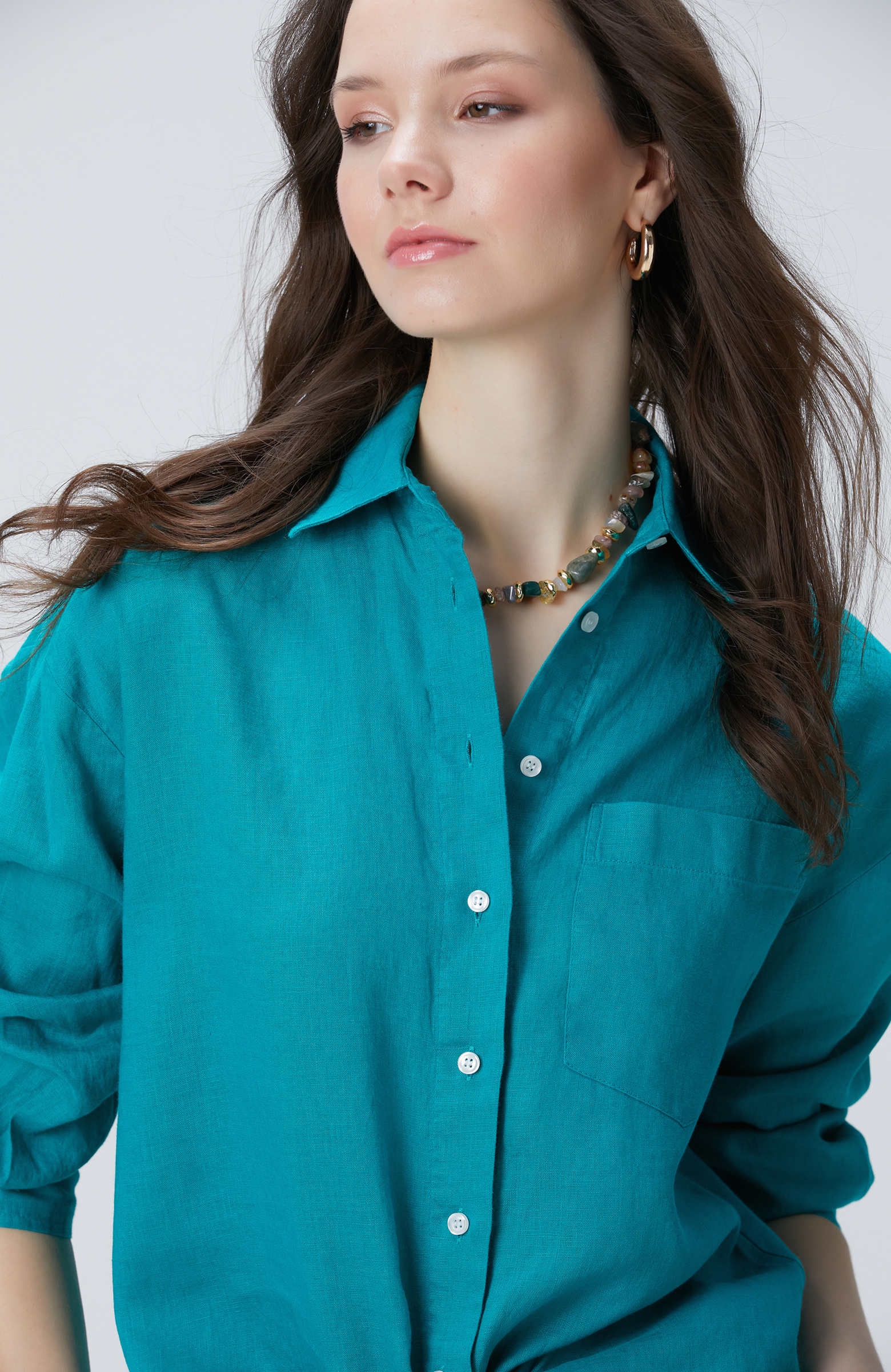 Yeşil Basic Keten Gömlek