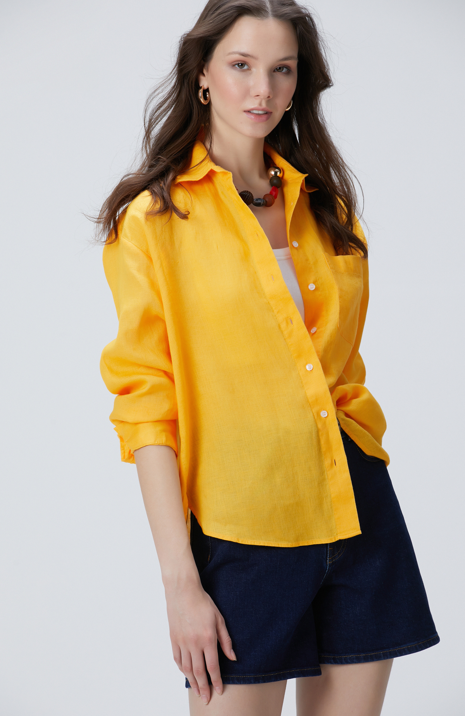 Sarı Basic Keten Gömlek