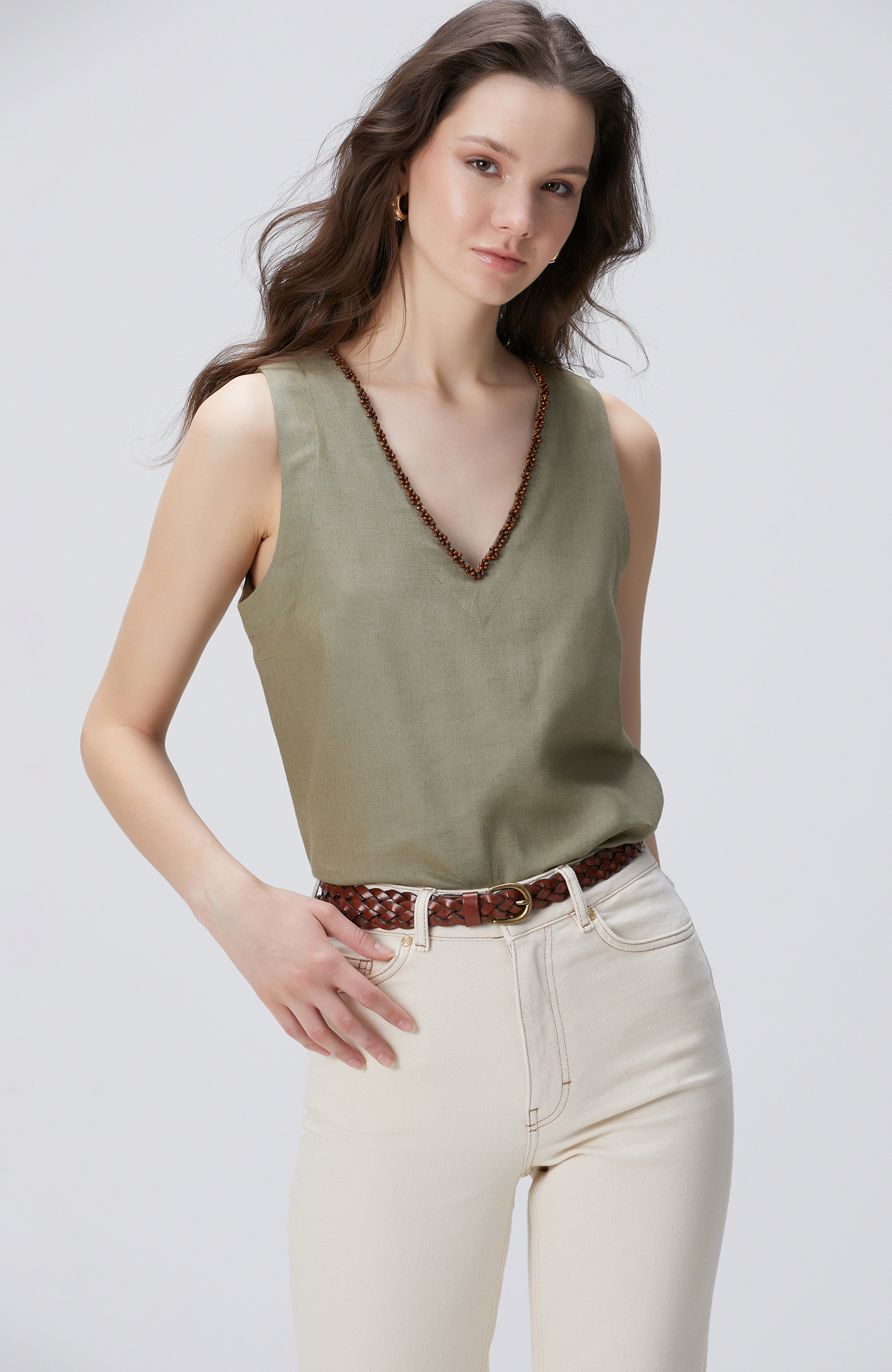 Haki Keten Karışımlı Bluz