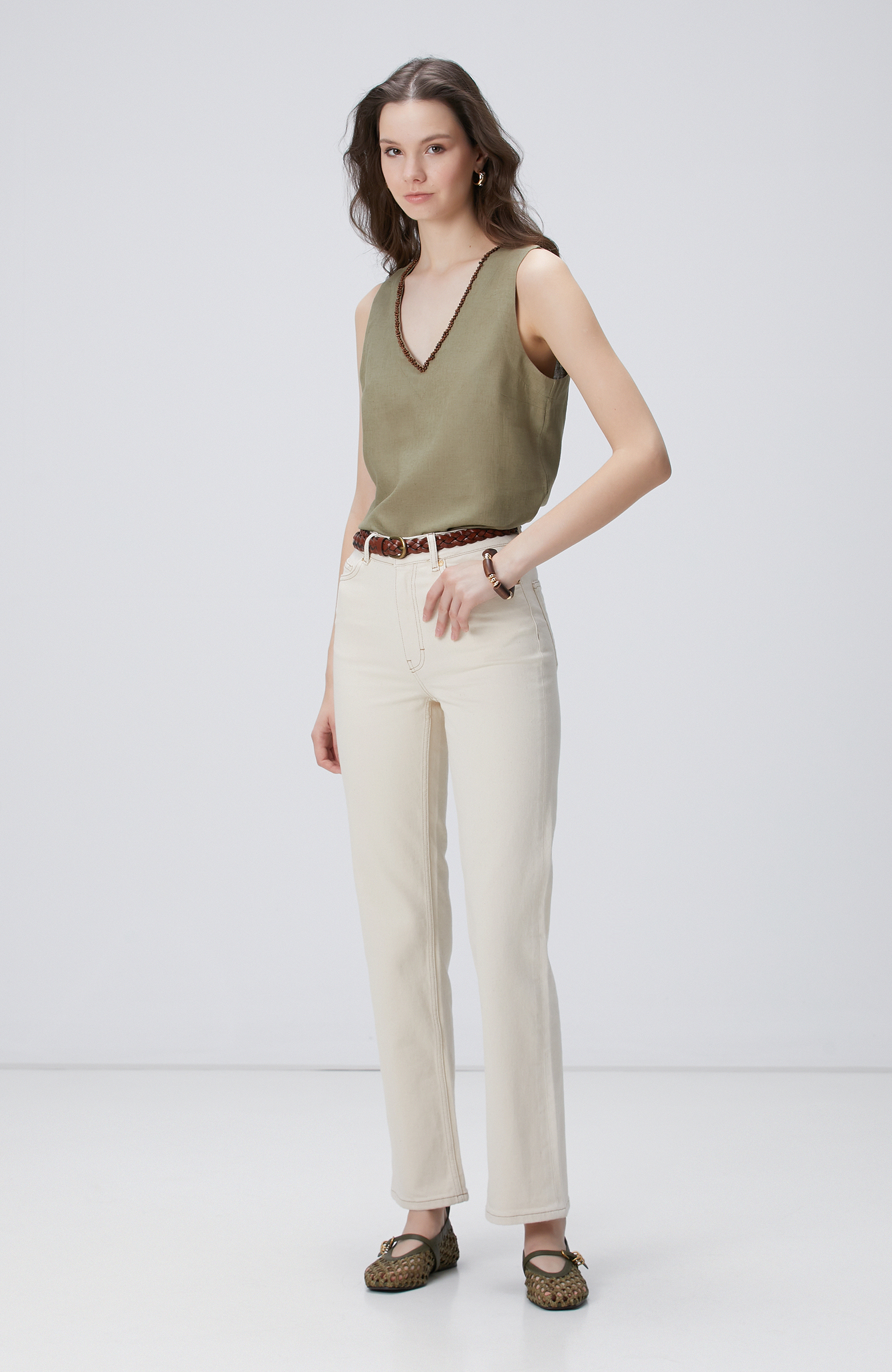 Haki Keten Karışımlı Bluz