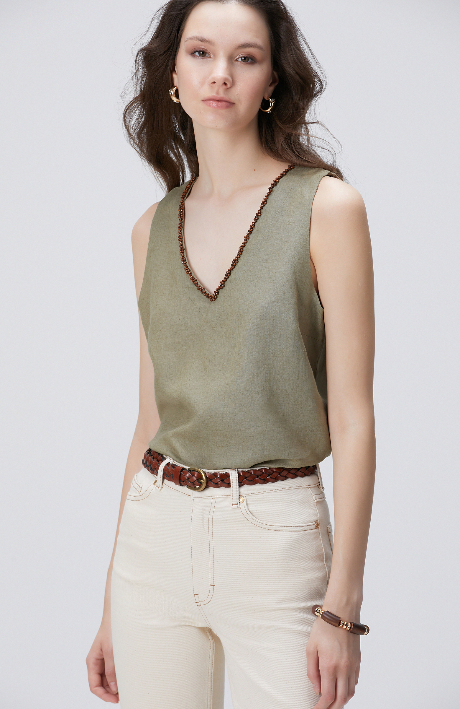 Haki Keten Karışımlı Bluz