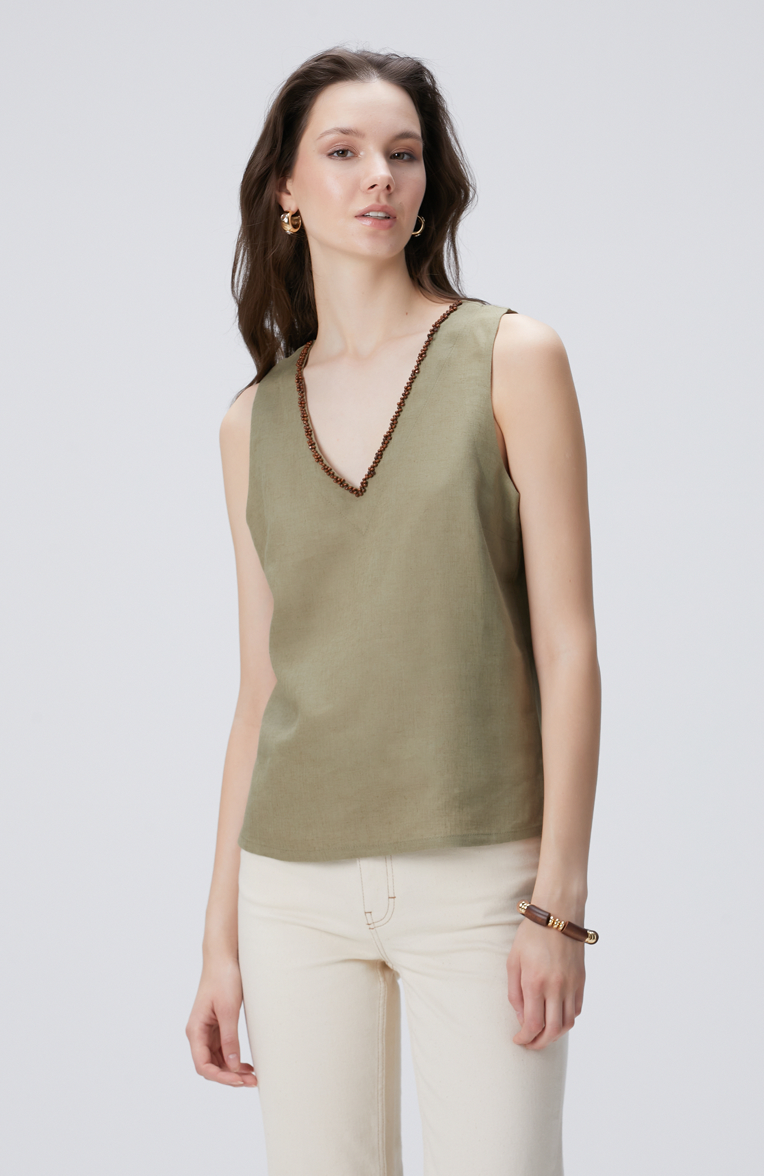 Haki Keten Karışımlı Bluz