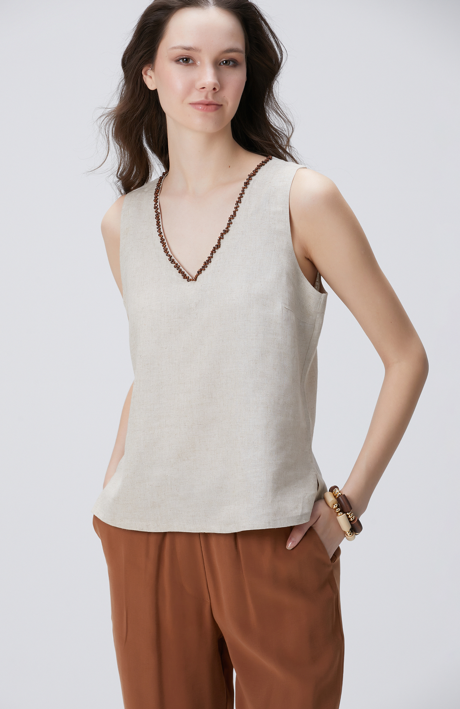 Naturel Keten Karışımlı Bluz