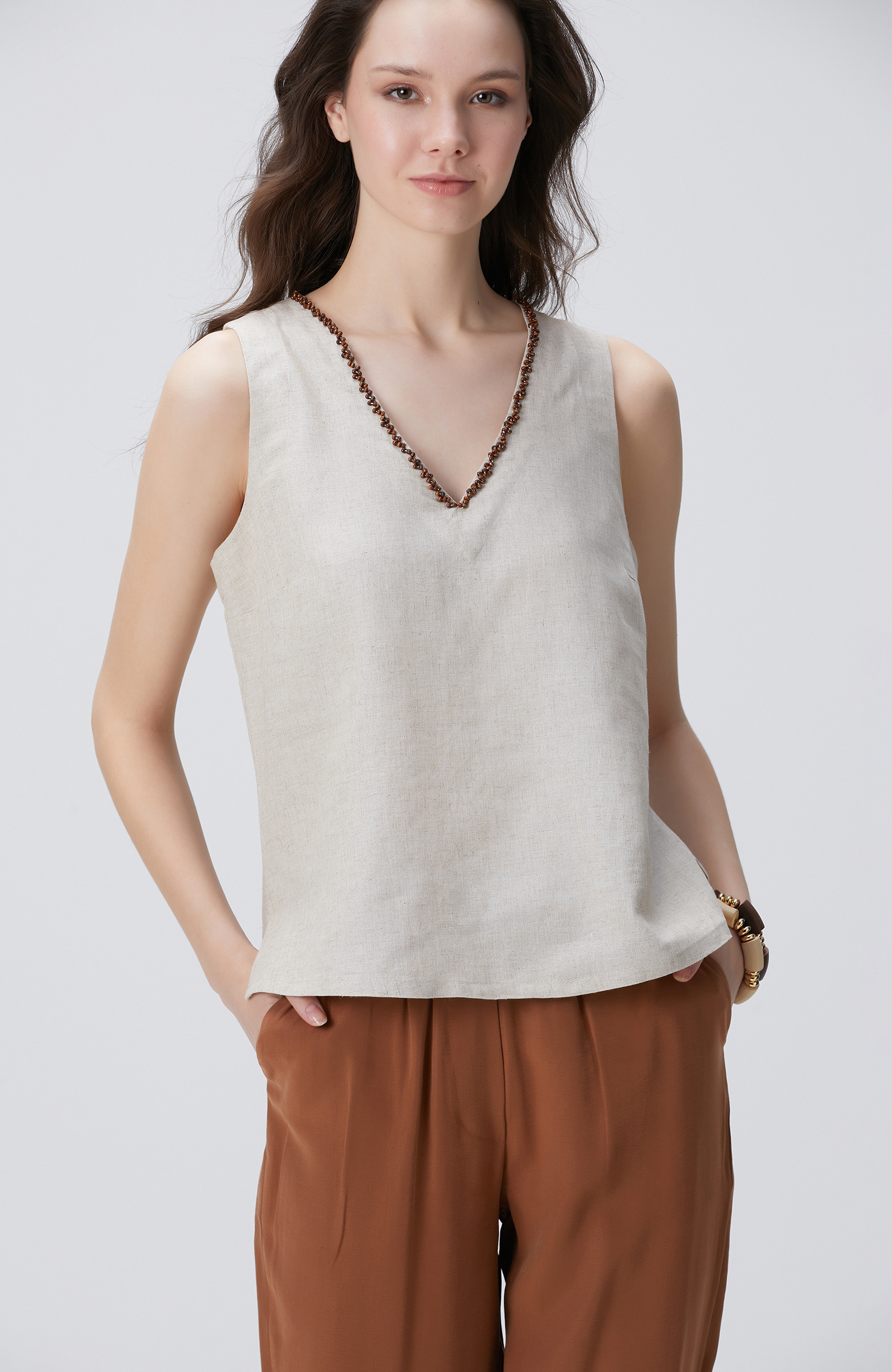 Naturel Keten Karışımlı Bluz