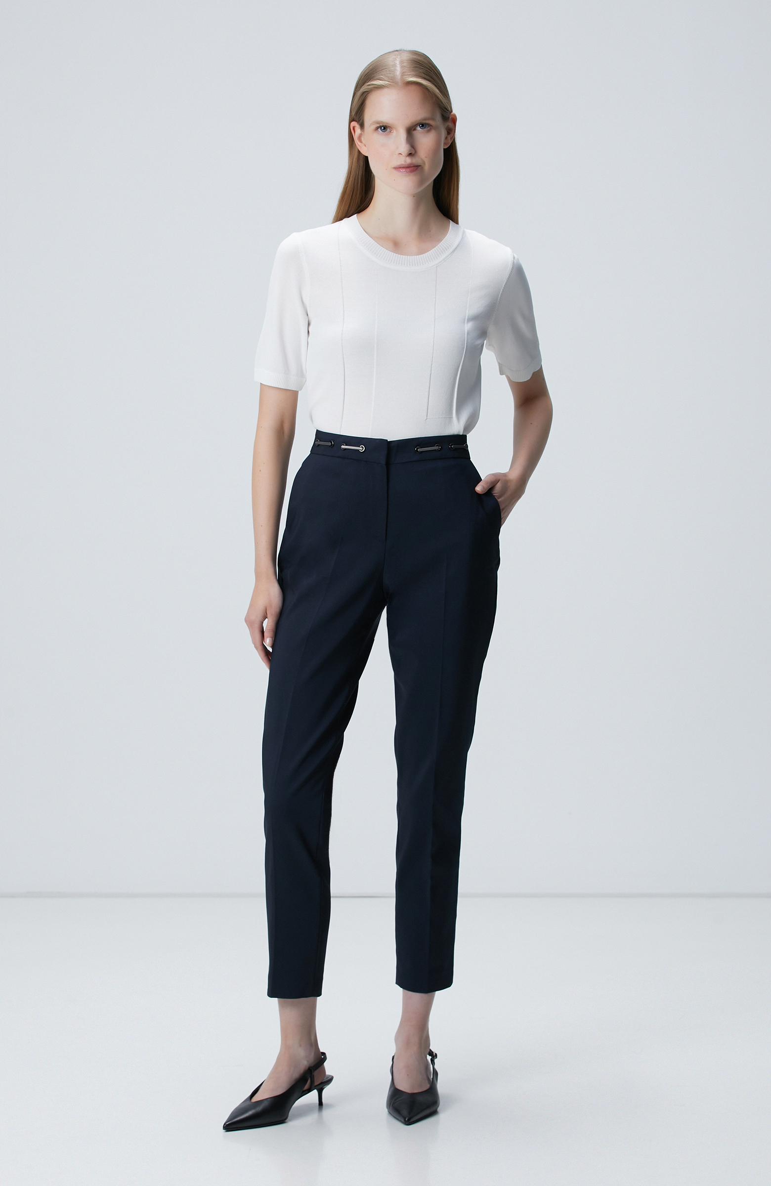 Lacivert Basic Dar Paça Beli Metal Aksesuarlı Pantolon