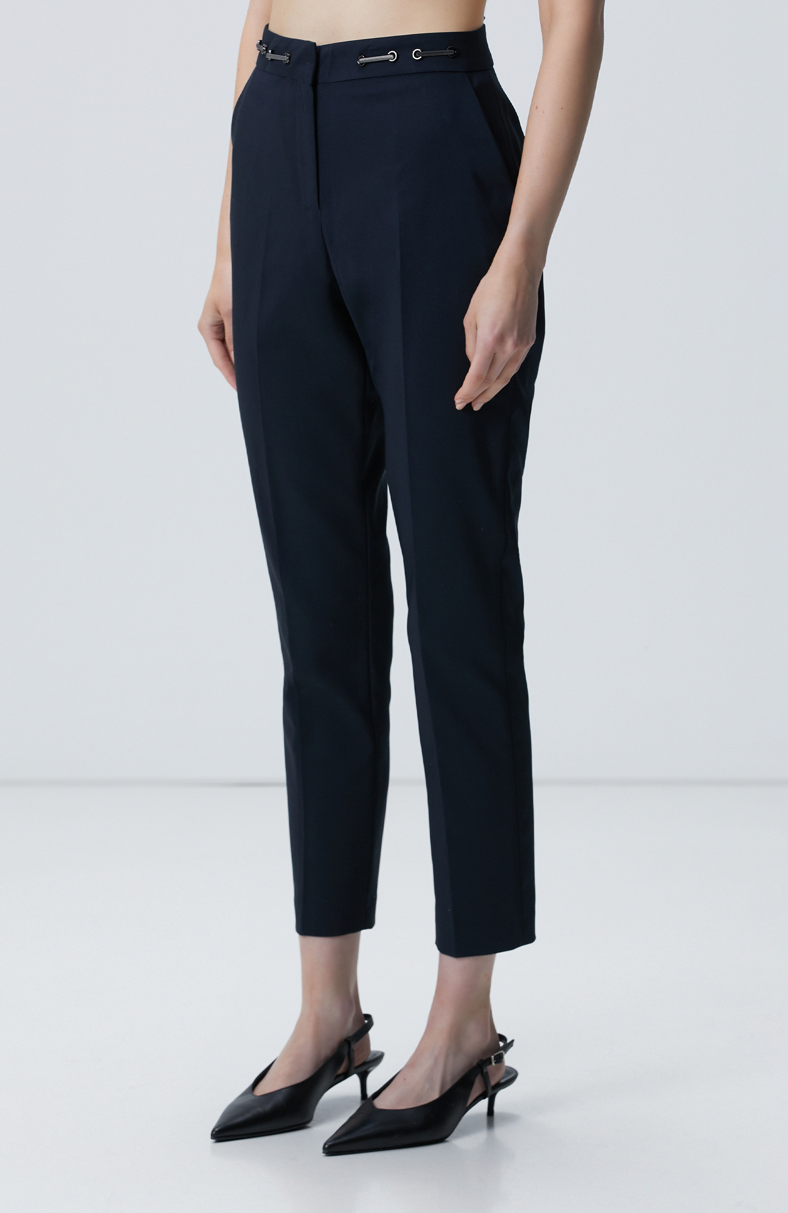 Lacivert Basic Dar Paça Beli Metal Aksesuarlı Pantolon