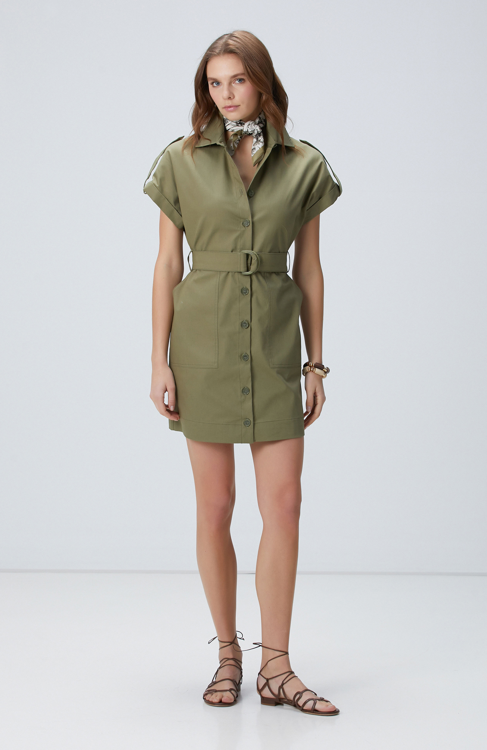 Haki Diyagonal Desenli Elbise