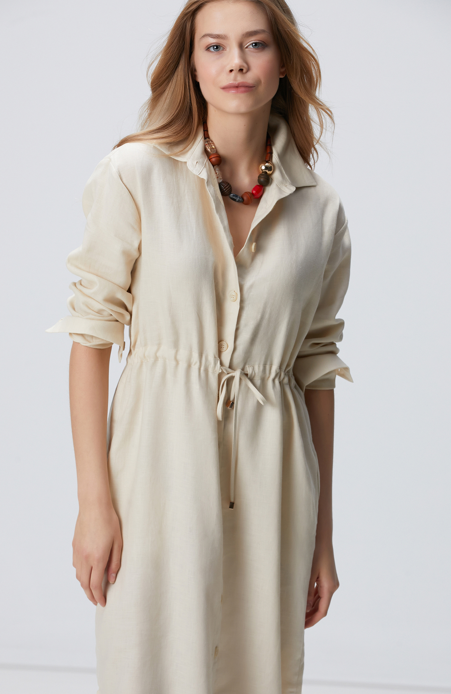 Bej Keten Gömlek Elbise