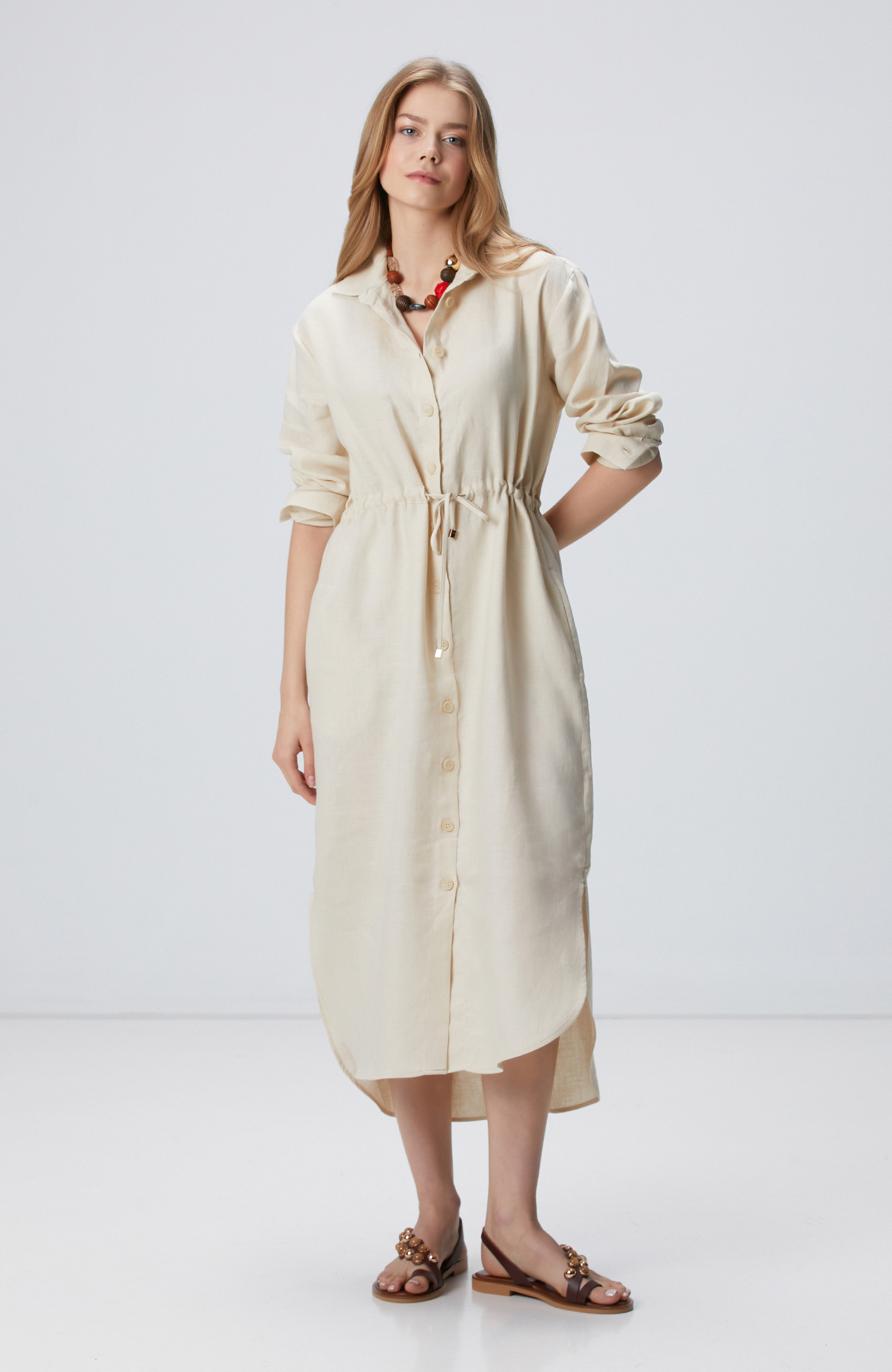 Bej Keten Gömlek Elbise