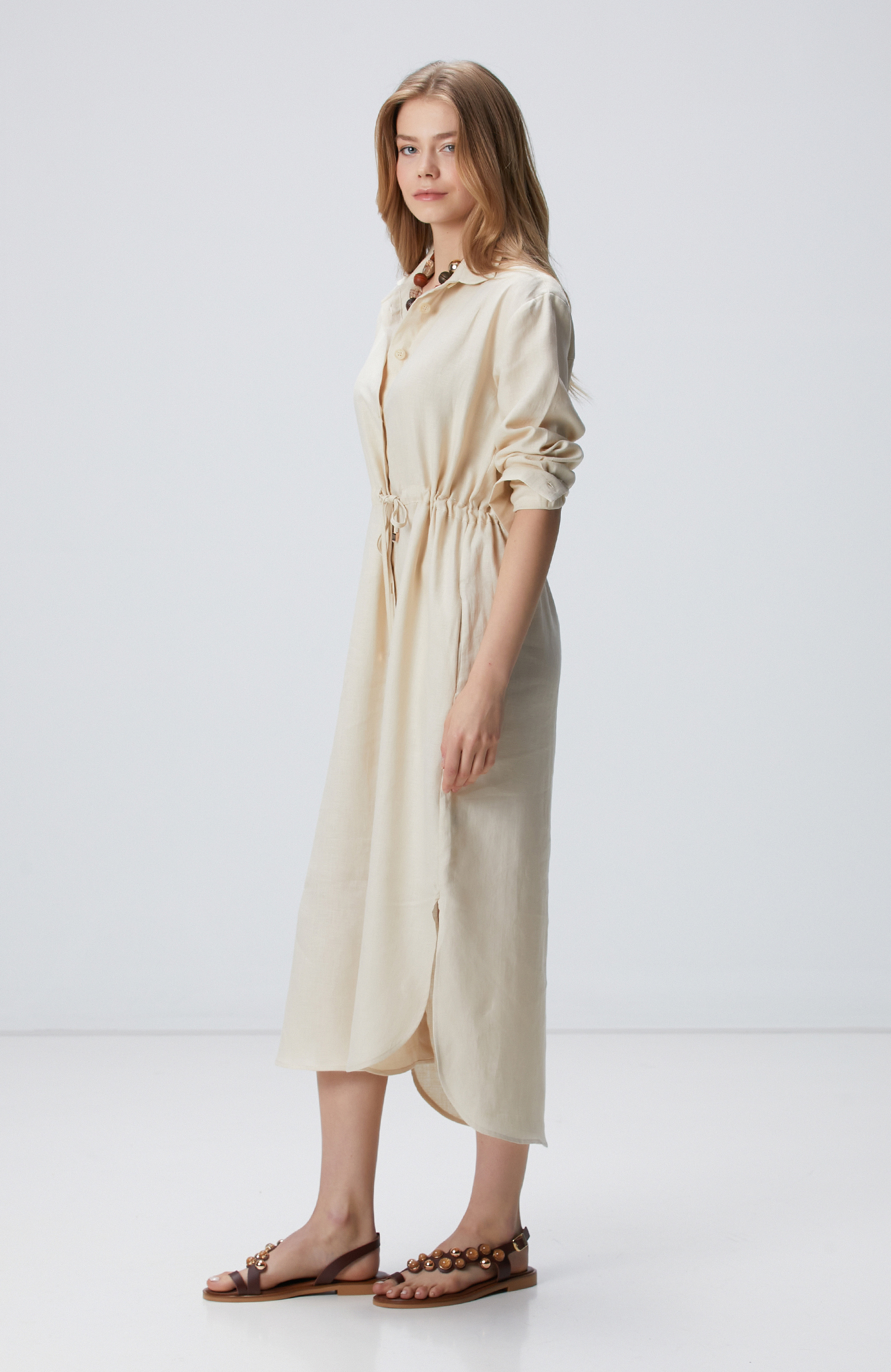 Bej Keten Gömlek Elbise