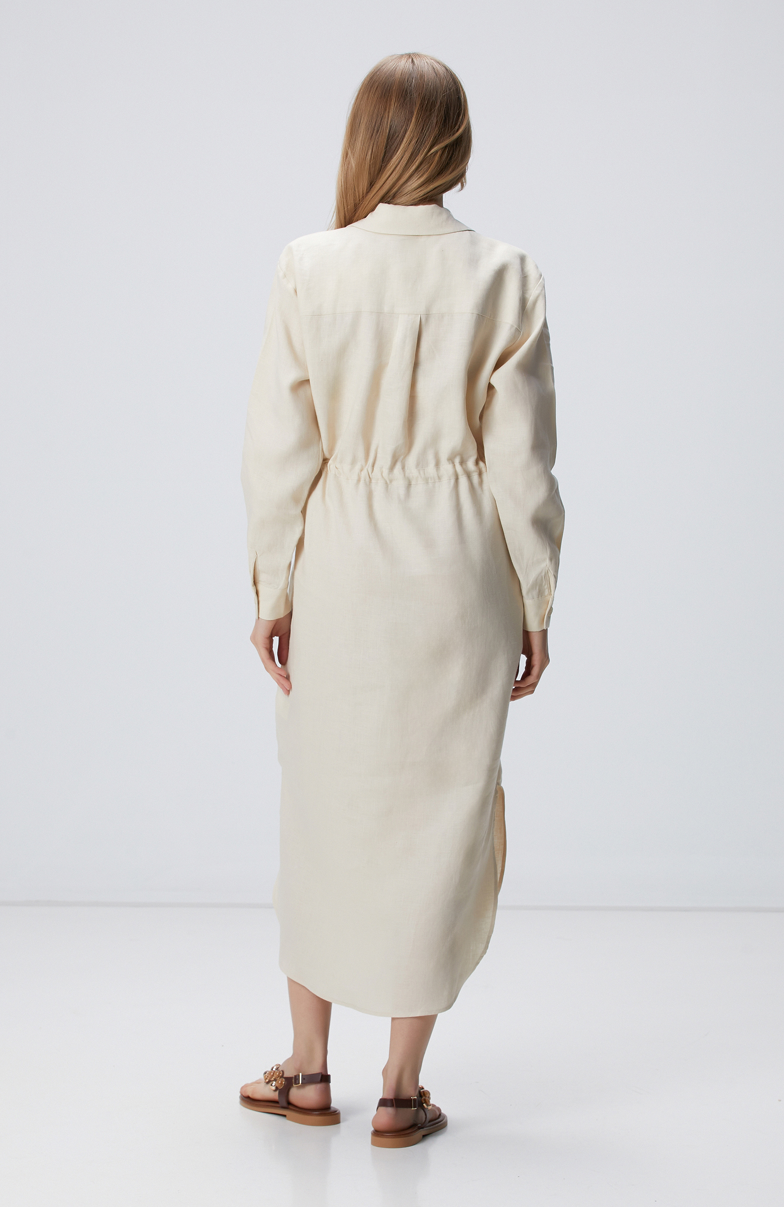 Bej Keten Gömlek Elbise