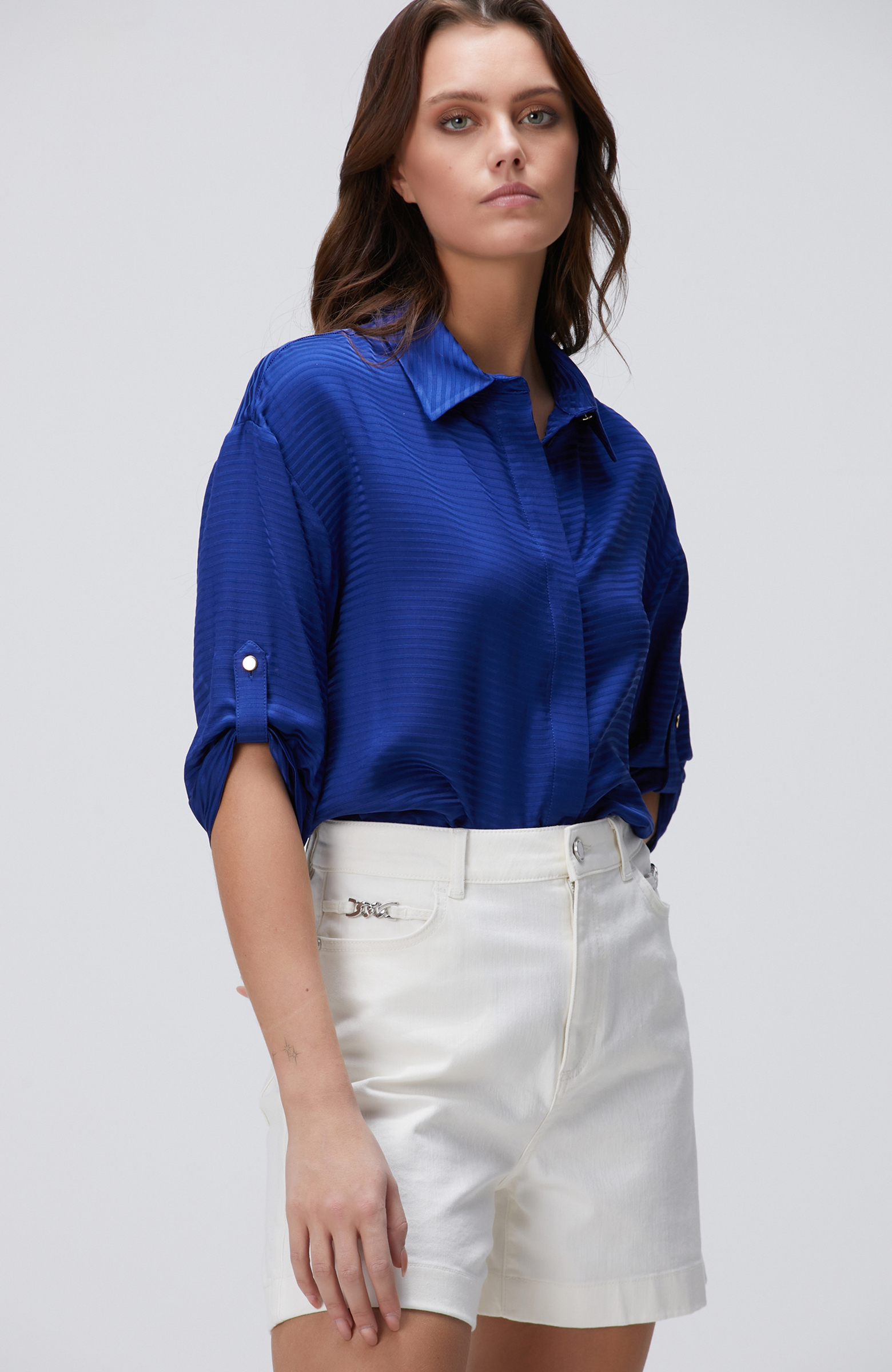 Saks Çizgi Desenli Gömlek