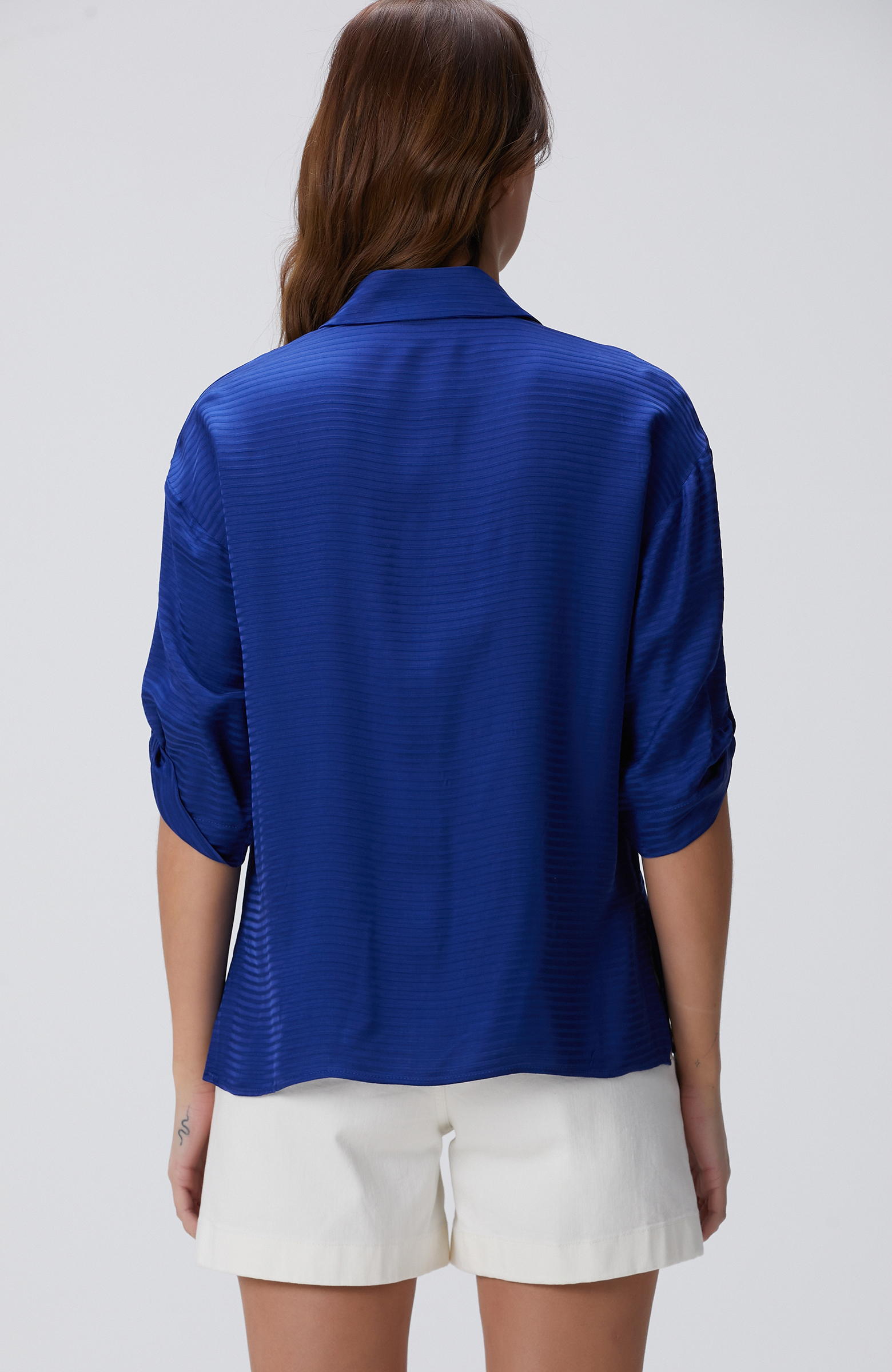 Saks Çizgi Desenli Gömlek