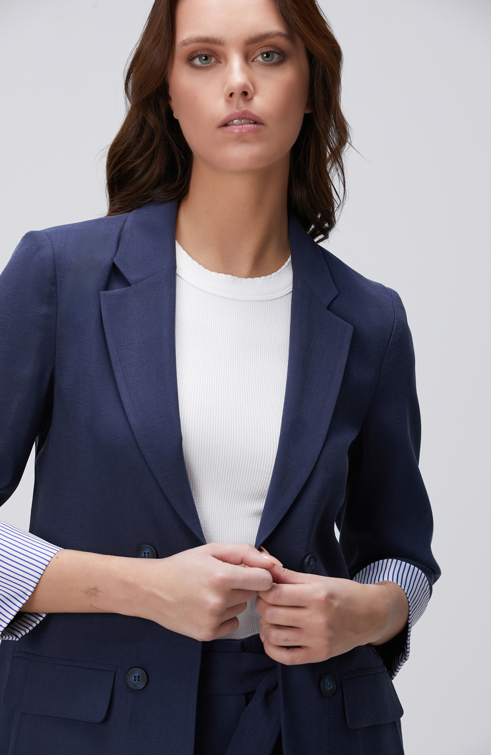 Lacivert Kol Ucu Desenli Astar Detaylı Ceket