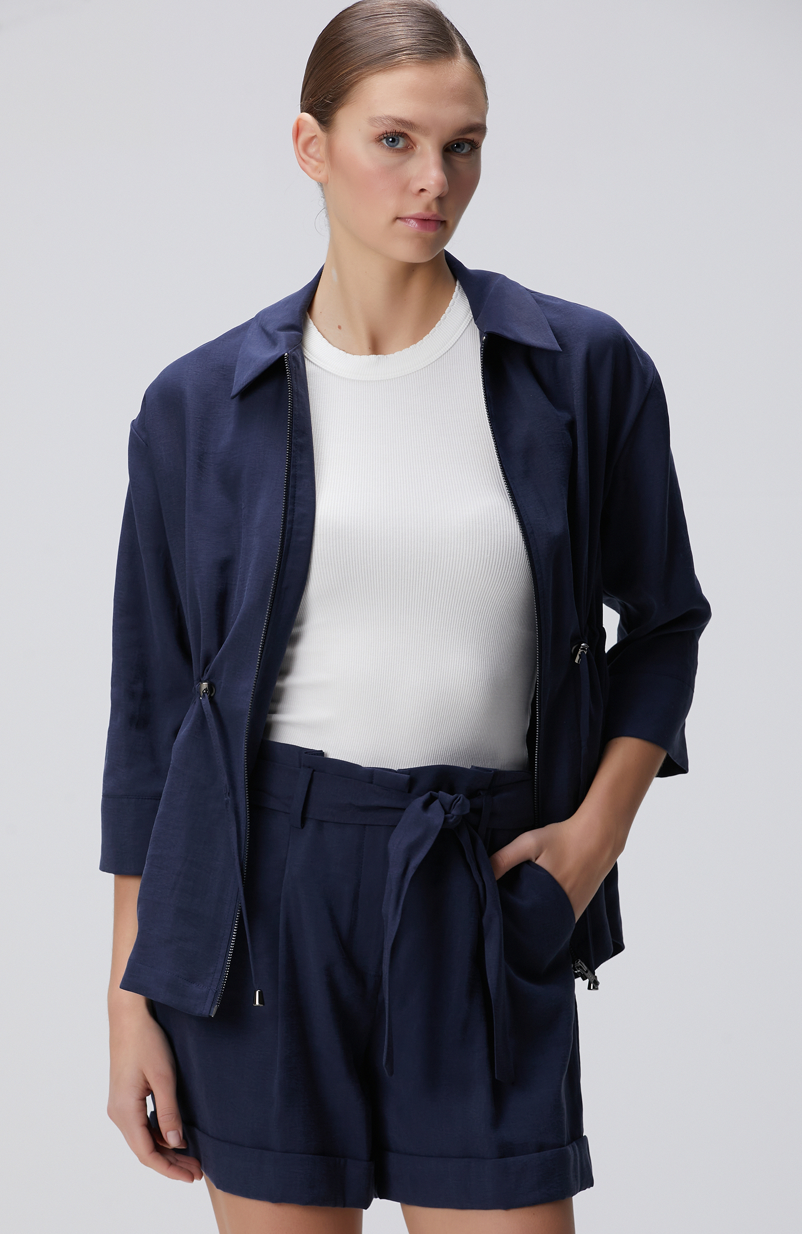 Lacivert Beli Büzgülü Ceket