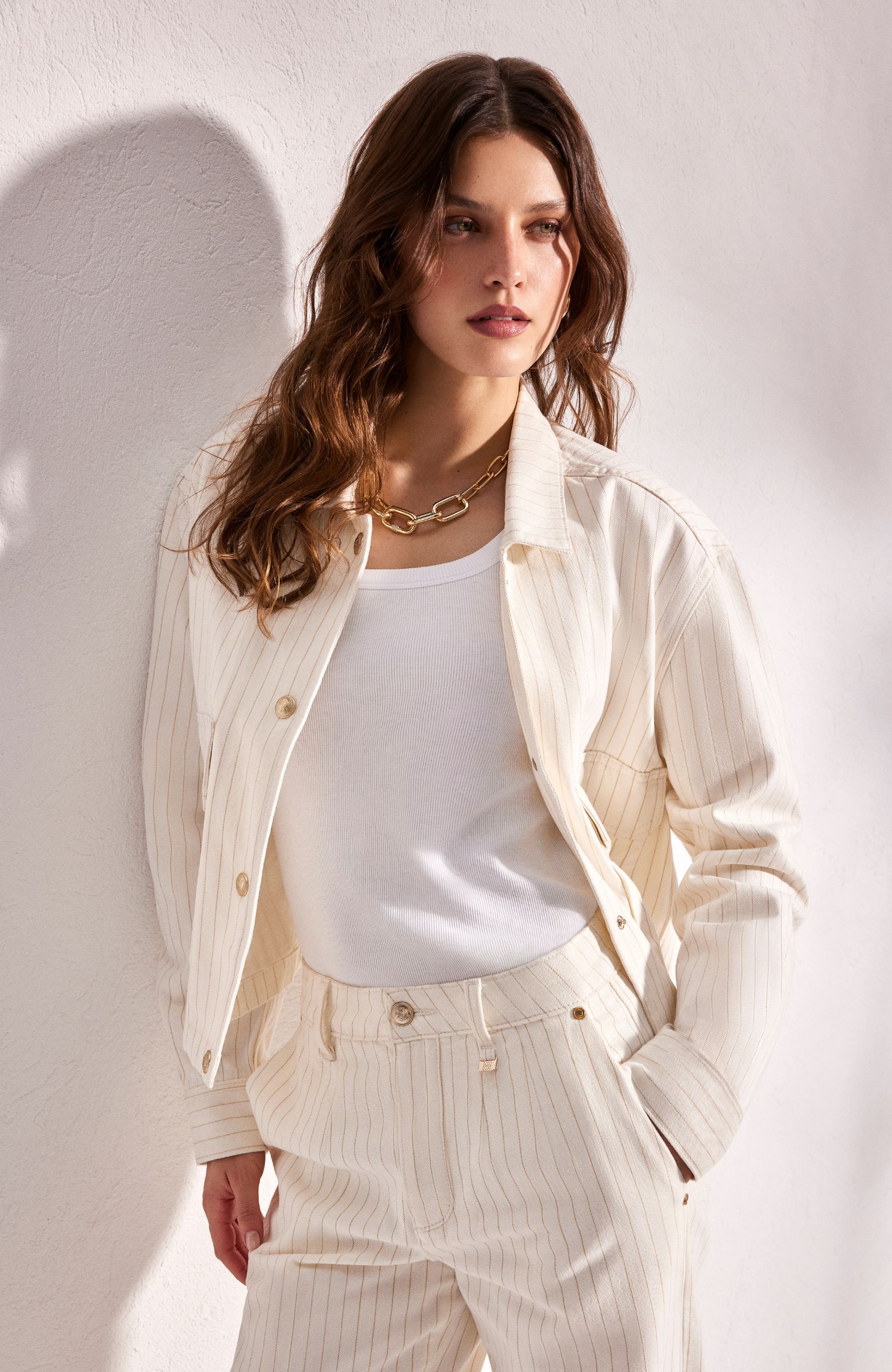 Kırık Beyaz Çizgili Denim Mont