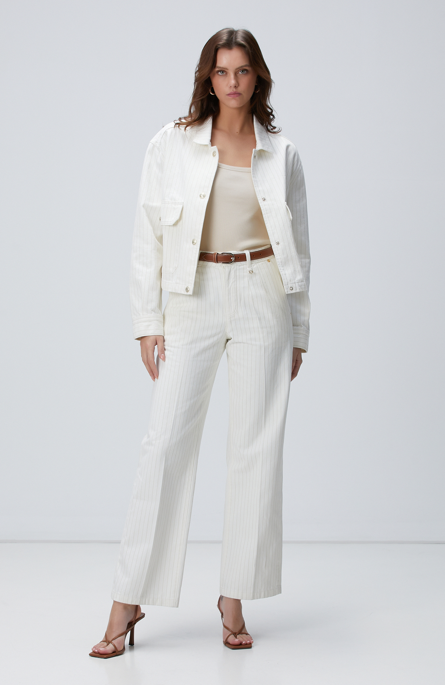 Kırık Beyaz Çizgili Denim Mont