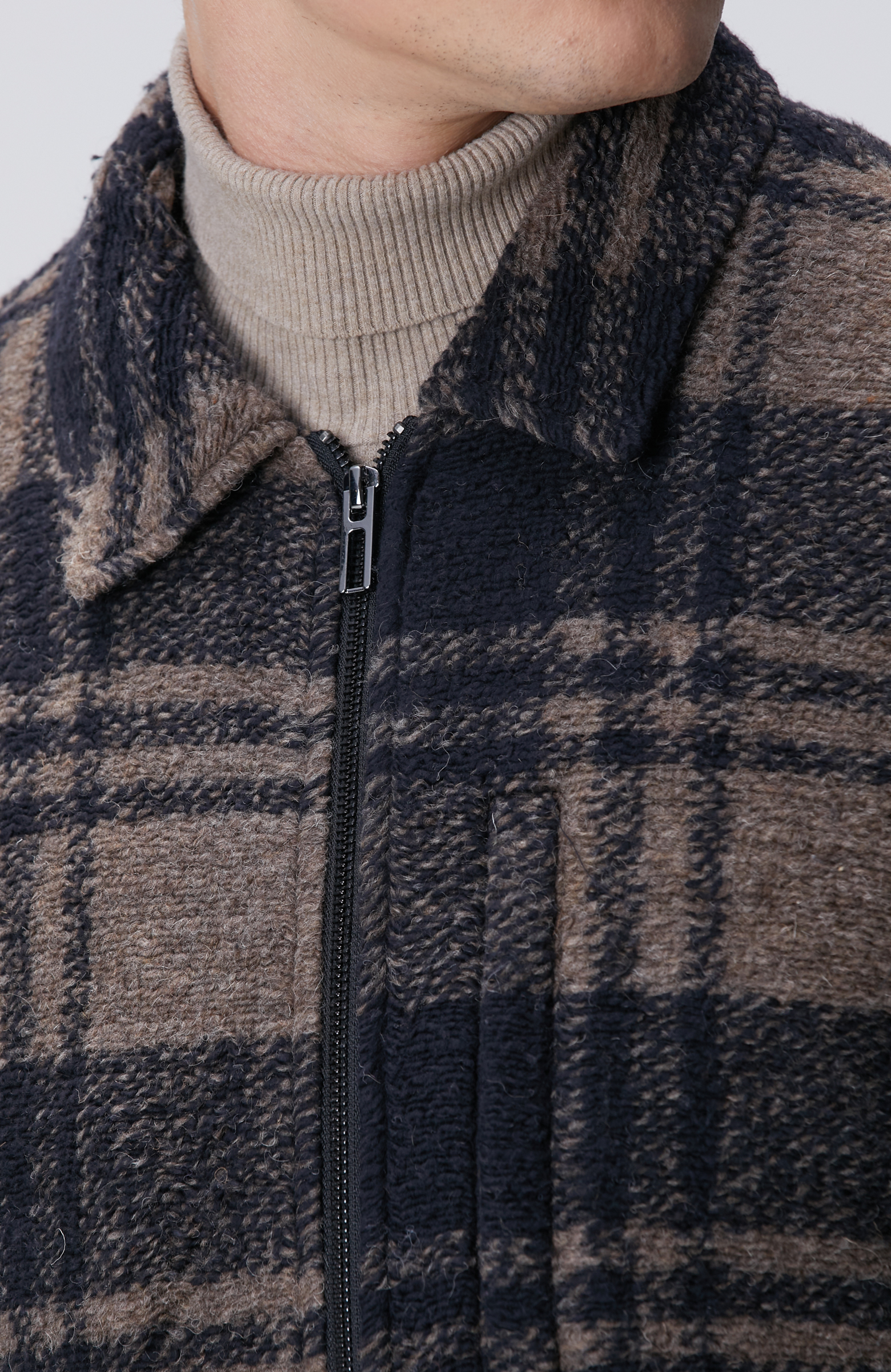 Kahverengi Ekoseli Yün Karışımlı Mont