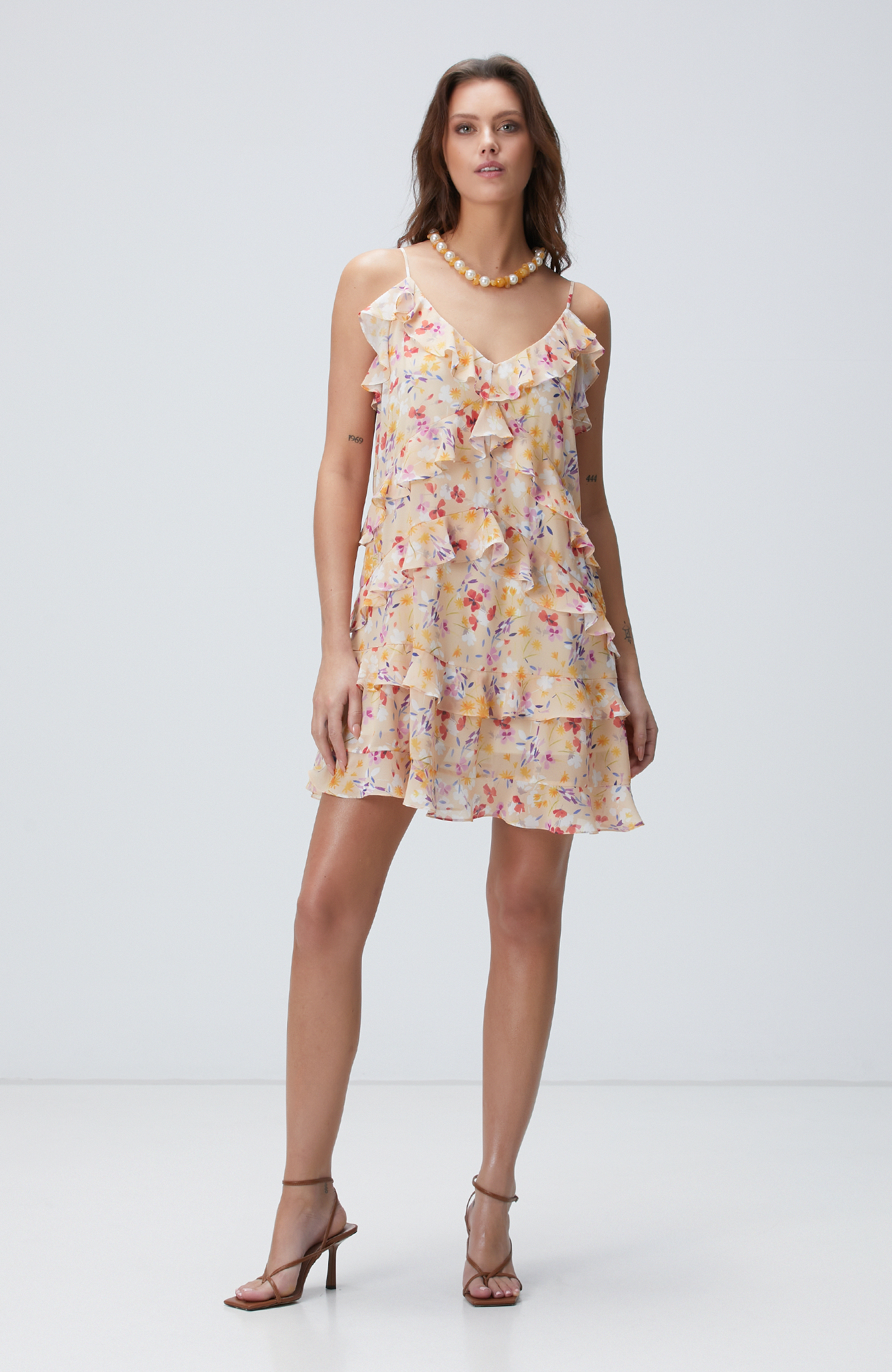 Çok Renkli Desenli Mini Elbise