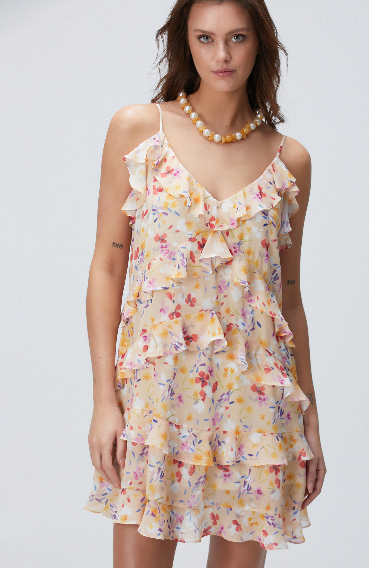 Çok Renkli Desenli Mini Elbise