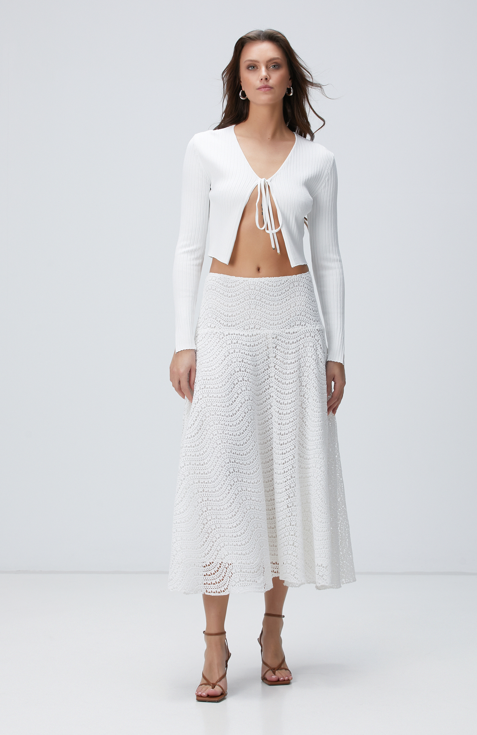 Beyaz Güpürlü Midi Etek