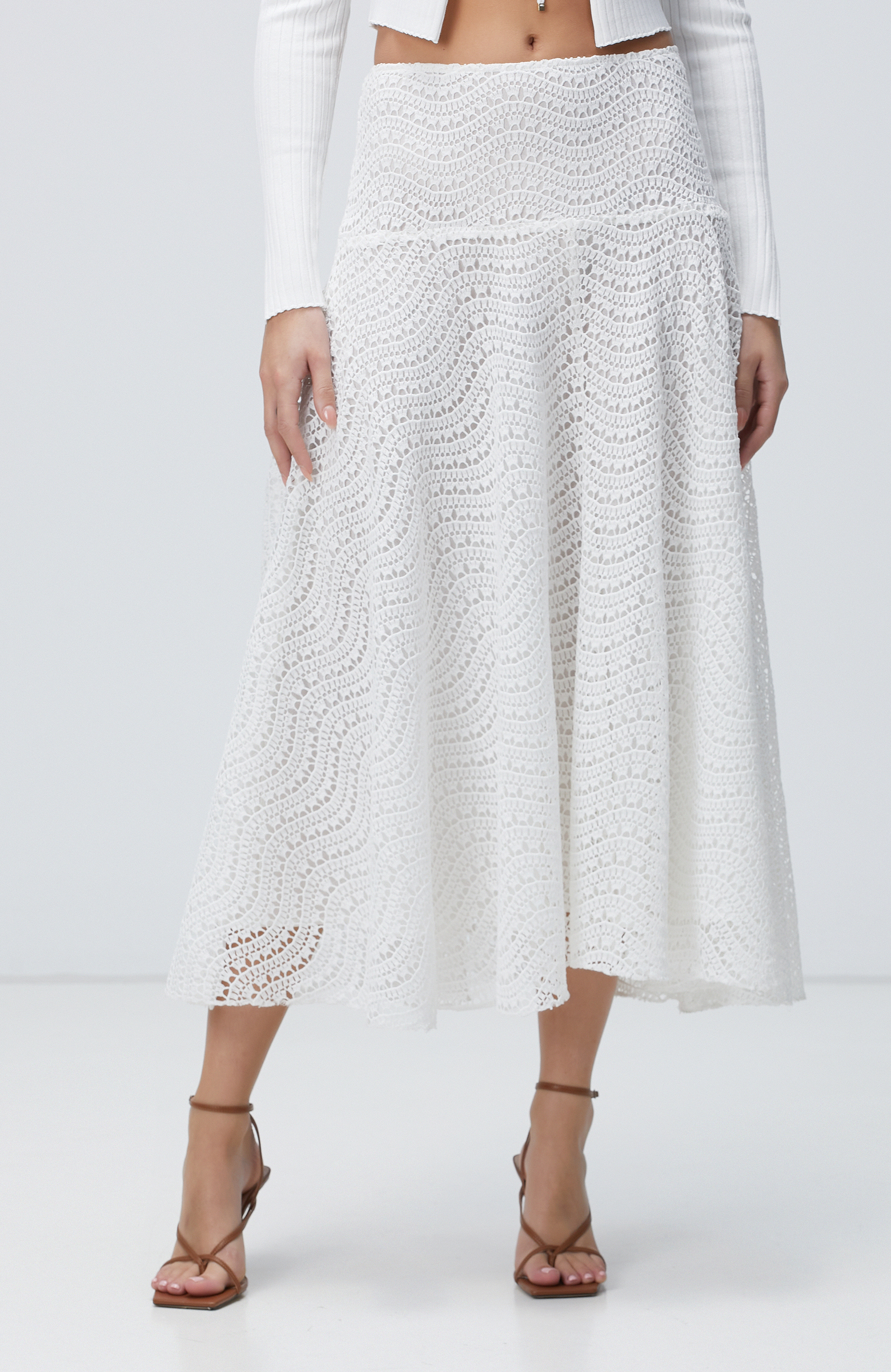 Beyaz Güpürlü Midi Etek