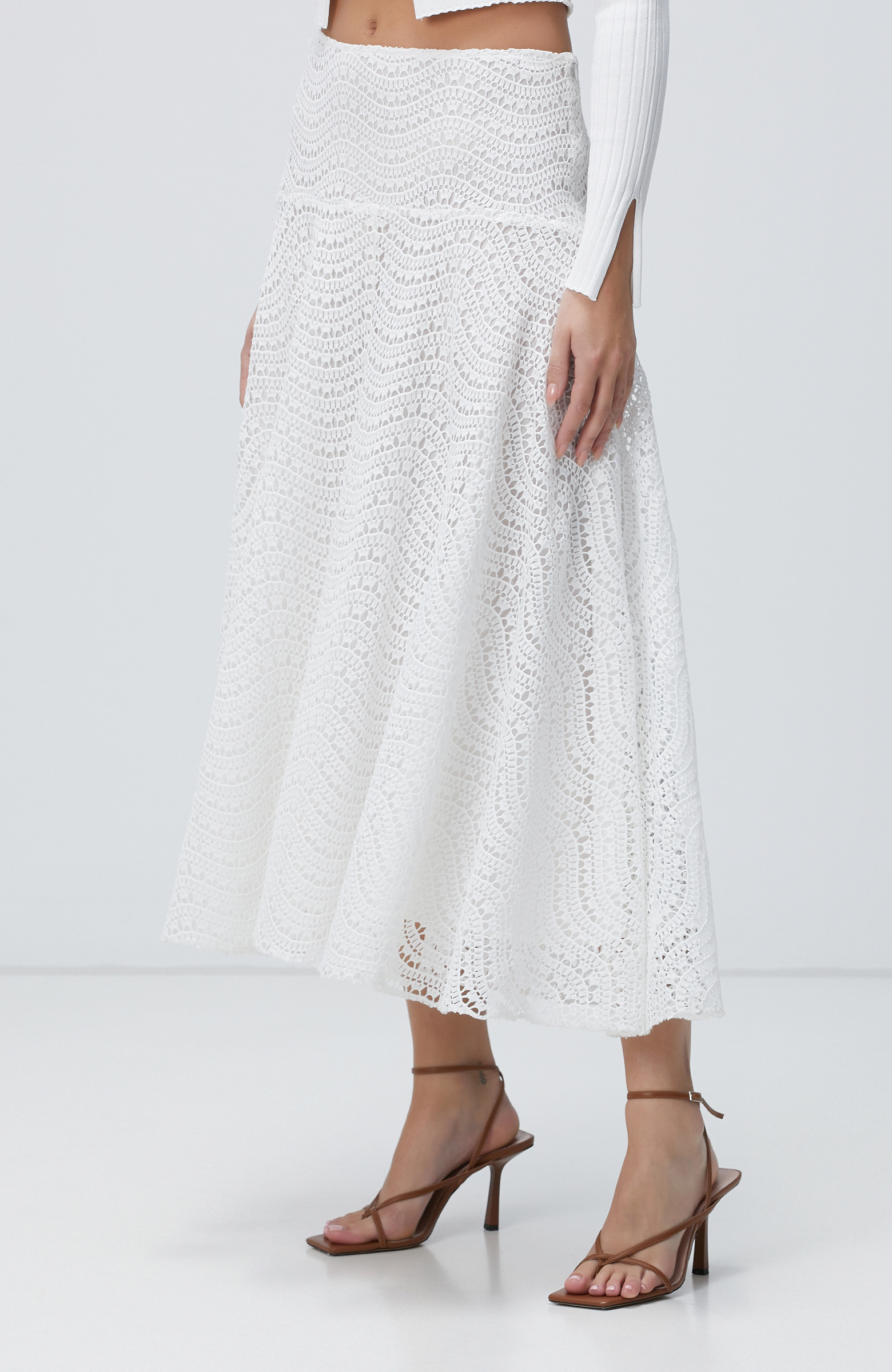 Beyaz Güpürlü Midi Etek