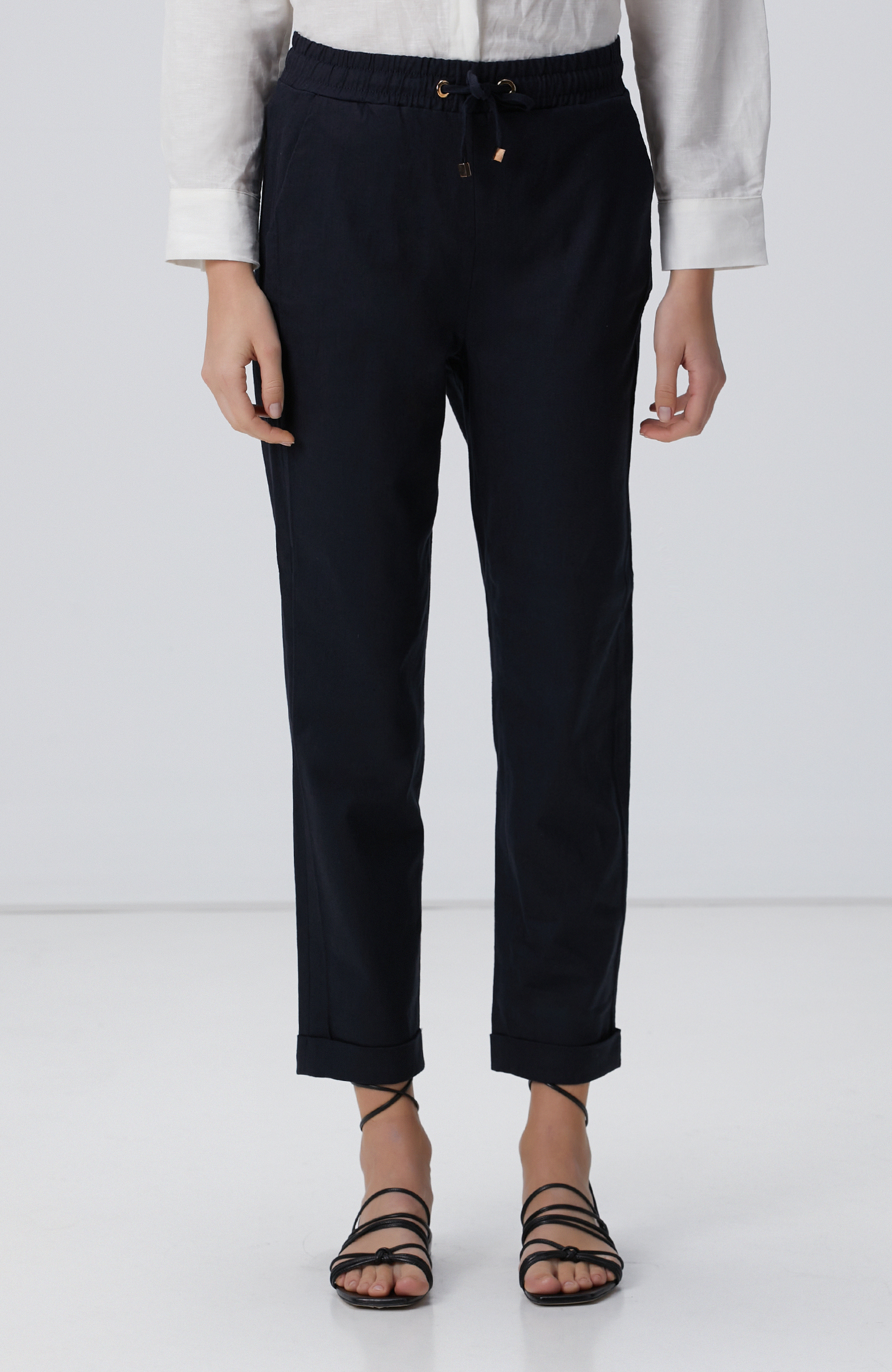 Lacivert Keten Karışımlı Casual Pantolon