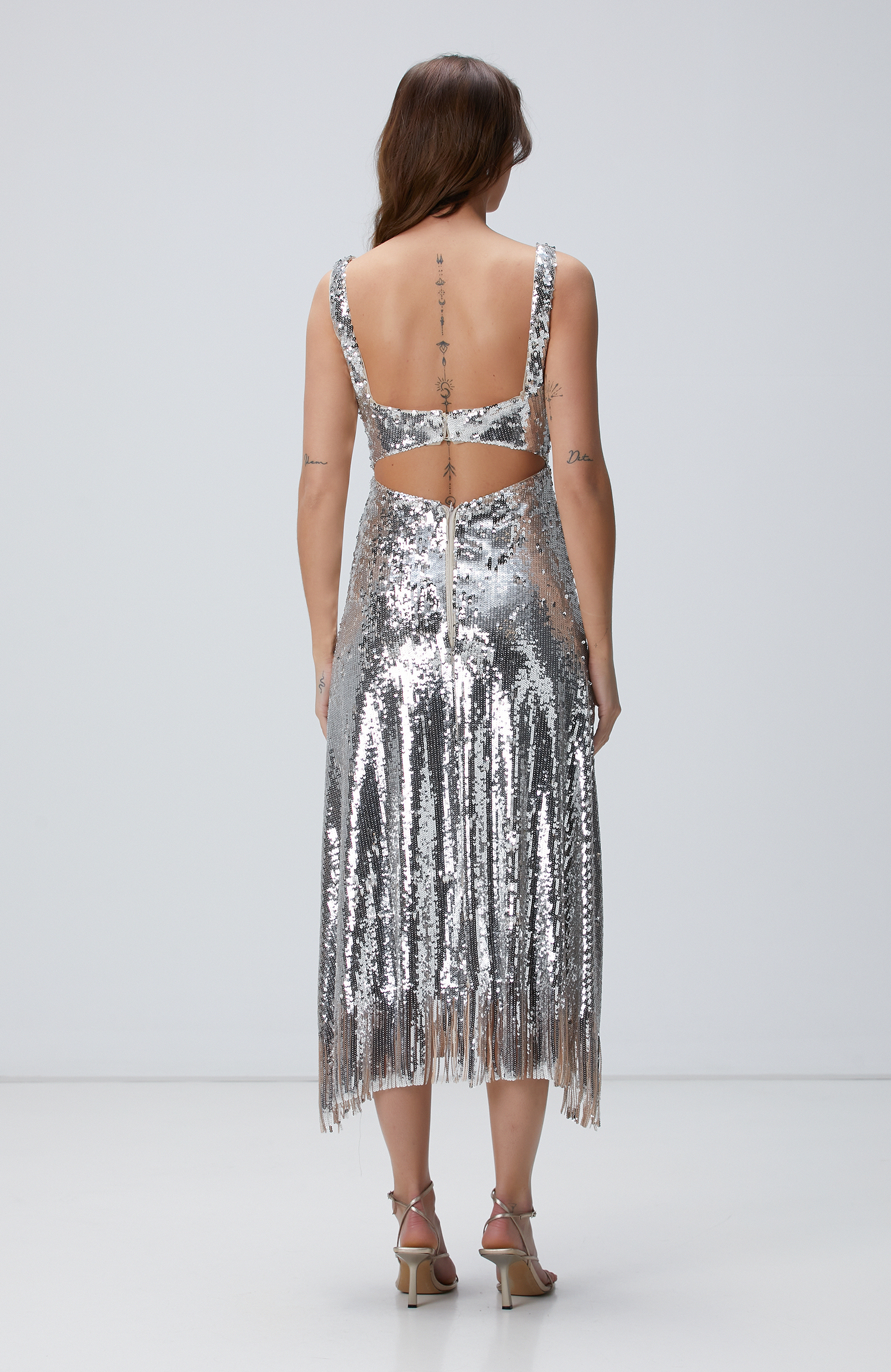 Silver Payetli Midi Abiye Elbise