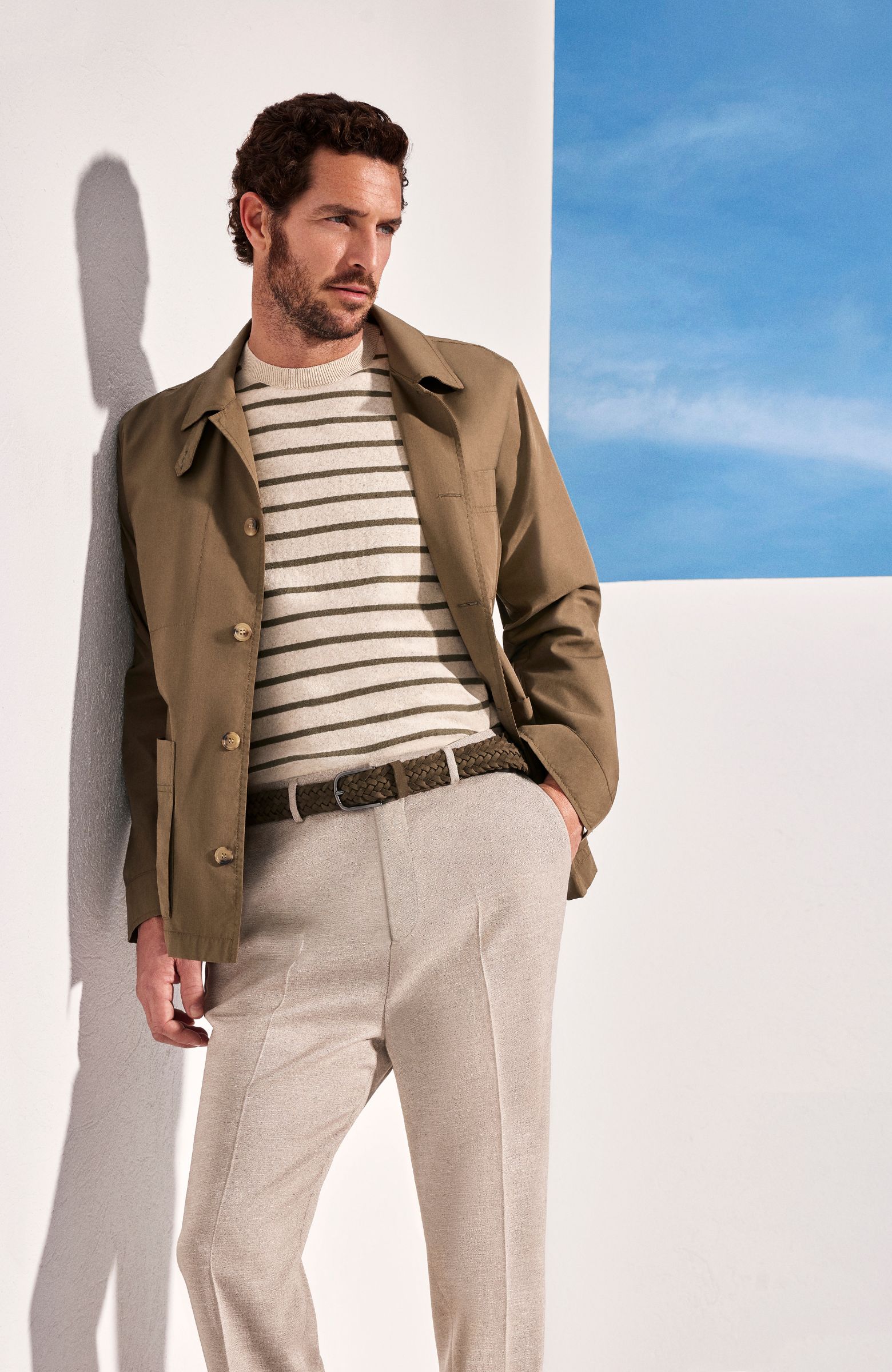 Haki Beyaz Keten Karışımlı Triko