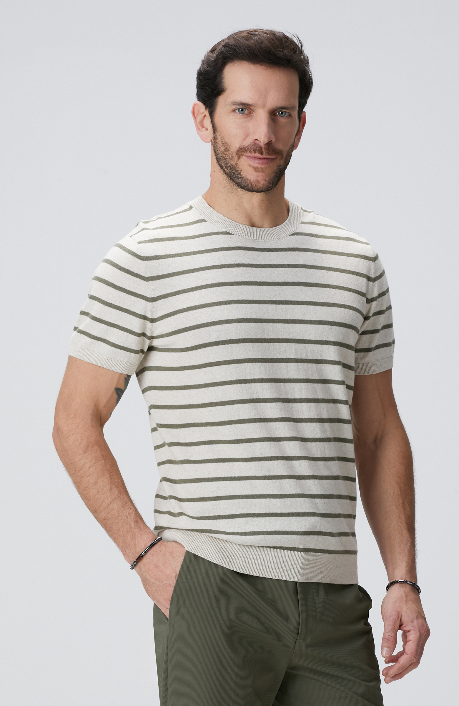 Haki Beyaz Keten Karışımlı Triko