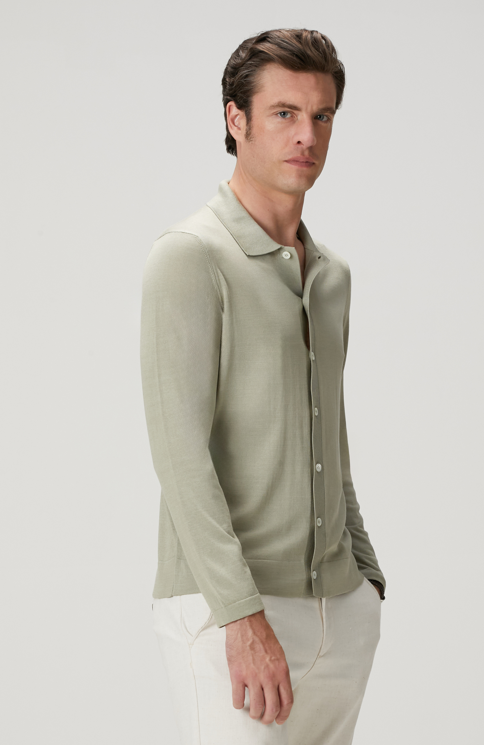 Limited Haki İpek Karışımlı Triko Gömlek