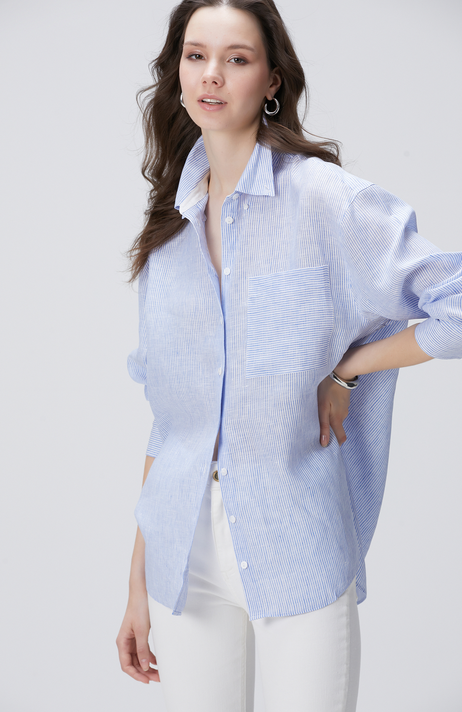 Mavi Beyaz Çizgili Keten Gömlek