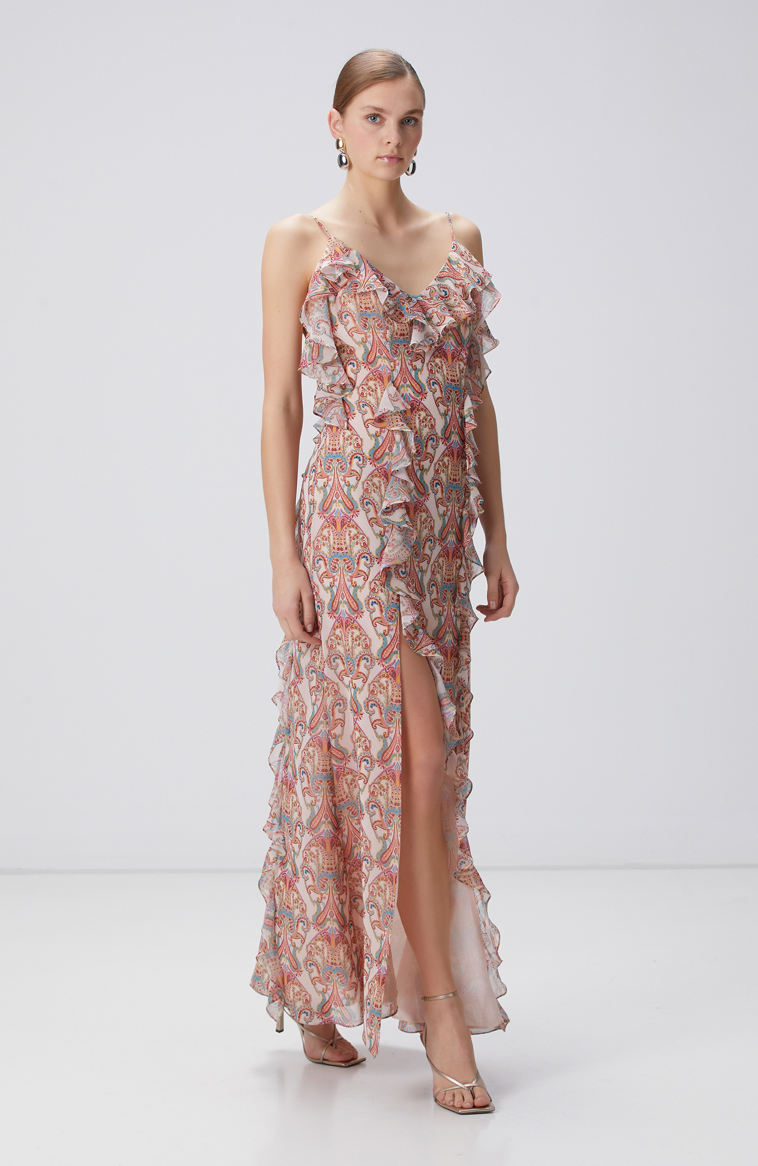 Renkli Desenli Maksi Abiye Elbise