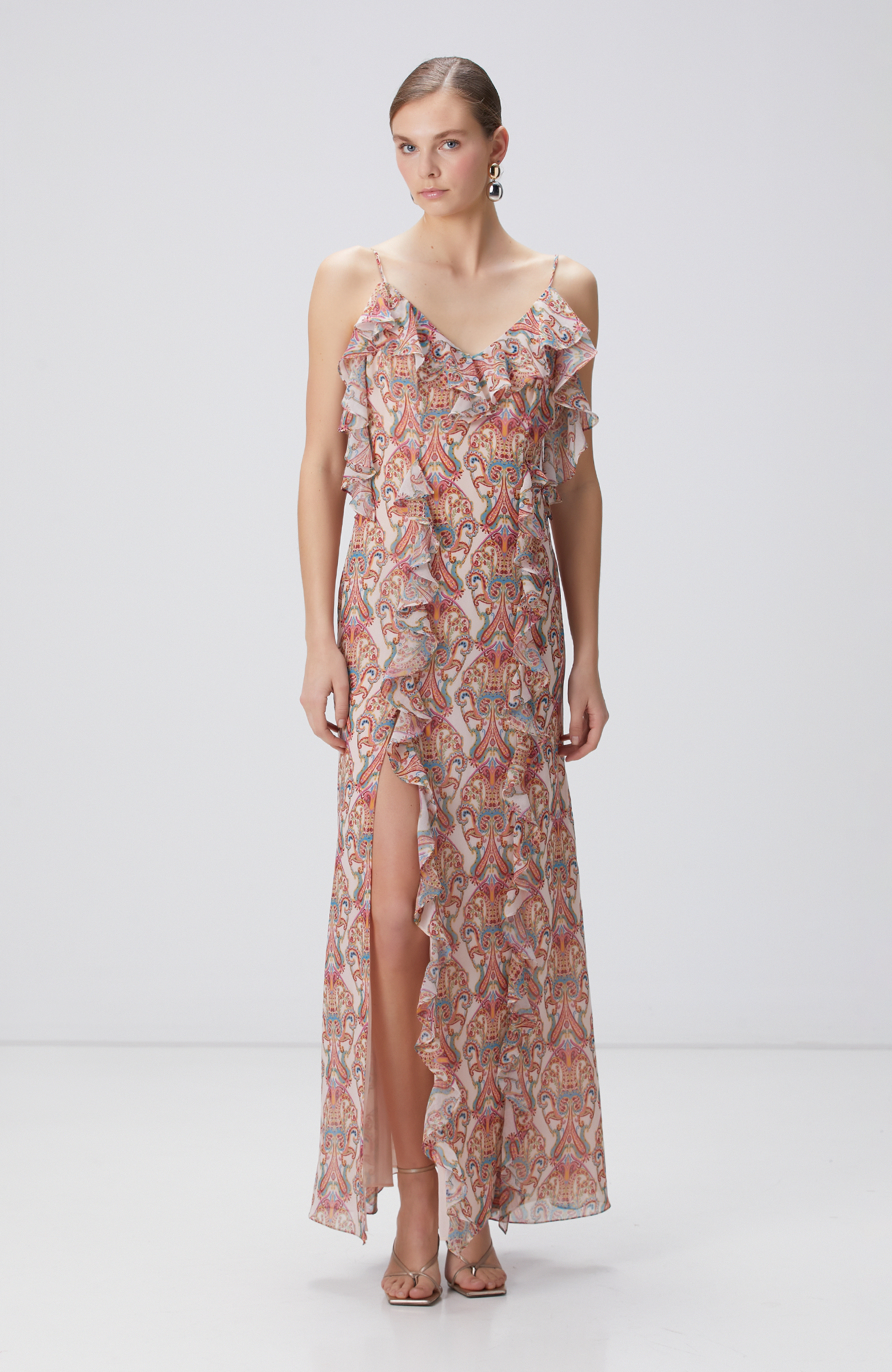 Renkli Desenli Maksi Abiye Elbise