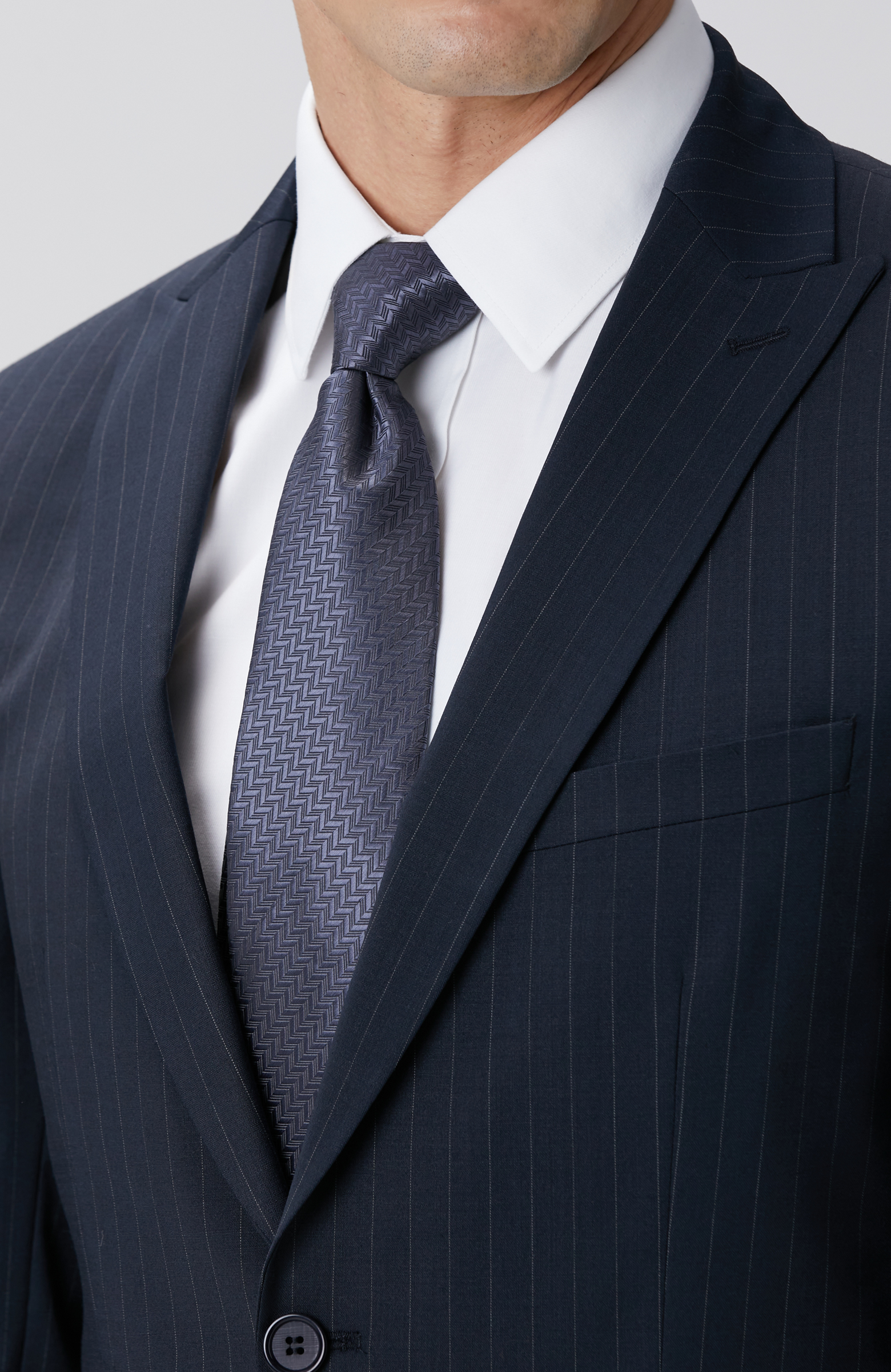 Lacivert Çizgi Desenli Yün Karışımlı Takım Elbise