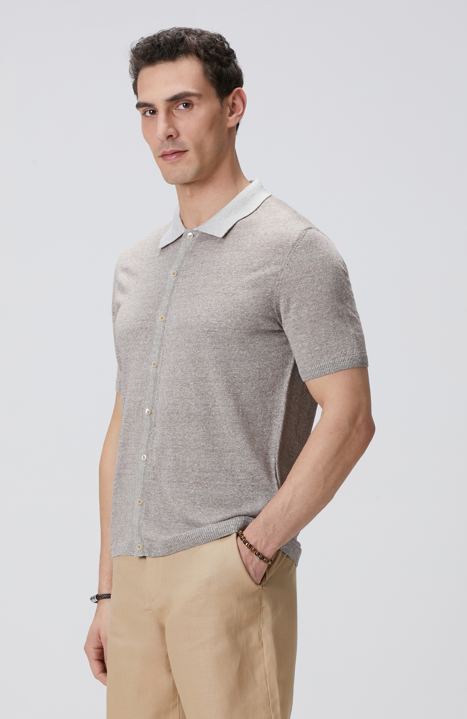 Bej Melanj Keten Karışımlı Triko Gömlek