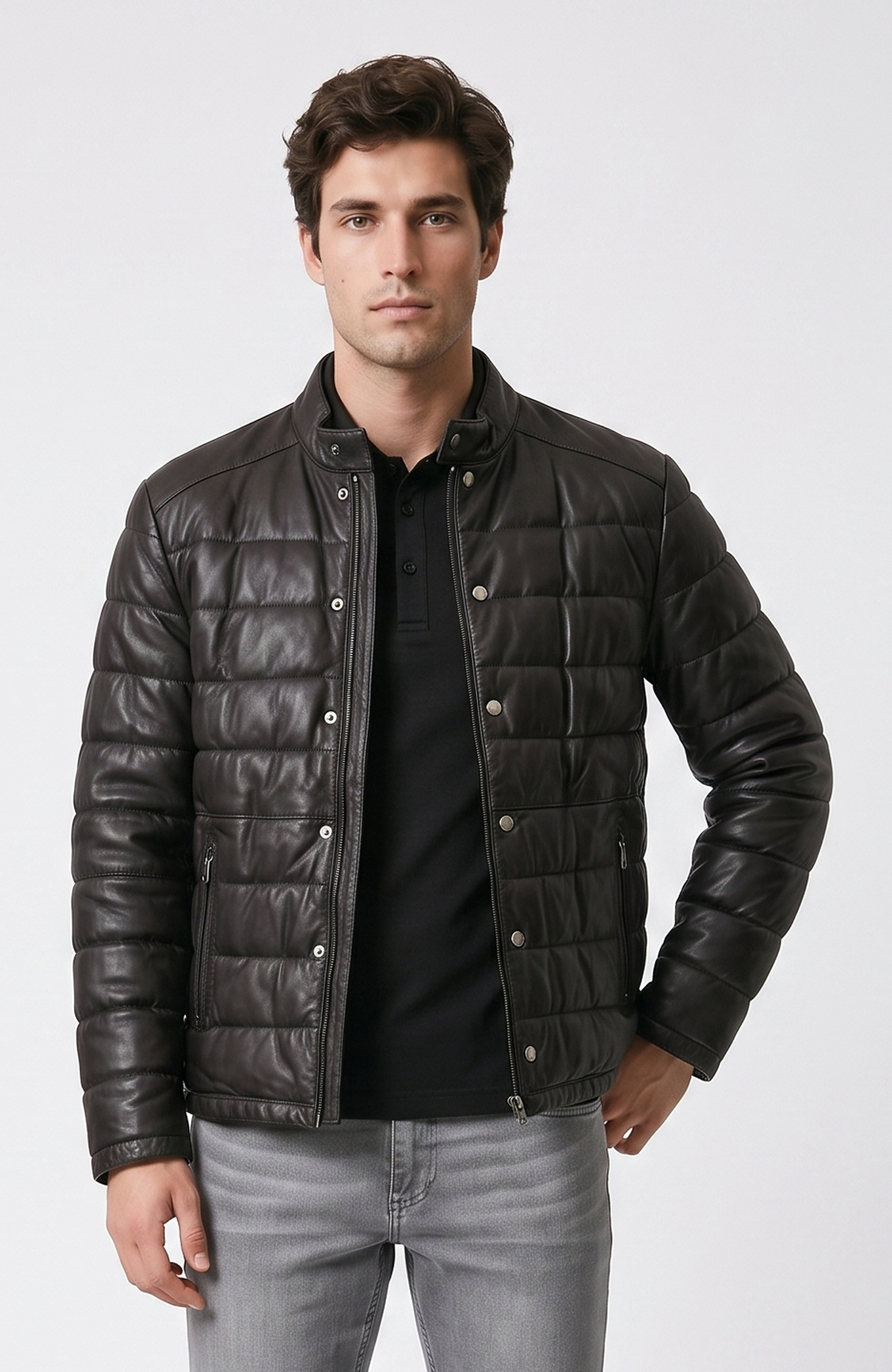 Brown Stand Up Collar Leather Coat