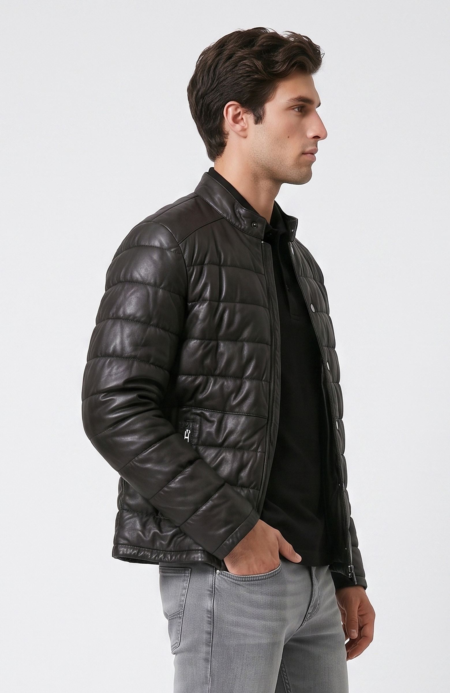 Brown Stand Up Collar Leather Coat