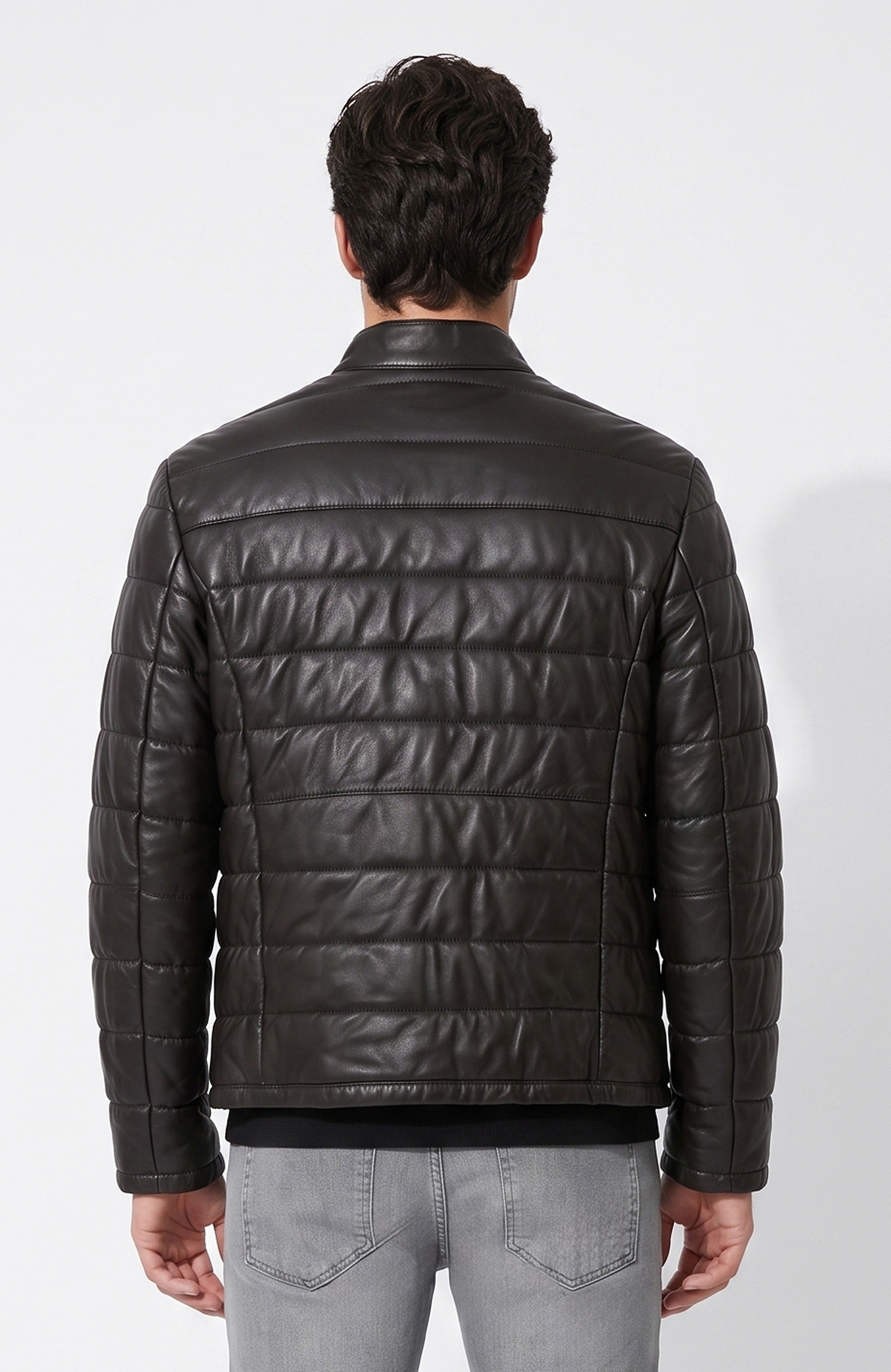 Brown Stand Up Collar Leather Coat