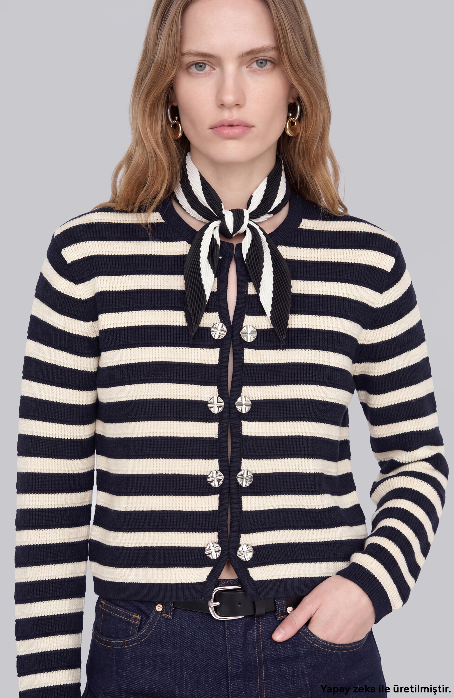 Navy Blue Off White Striped Knitwear Jacket