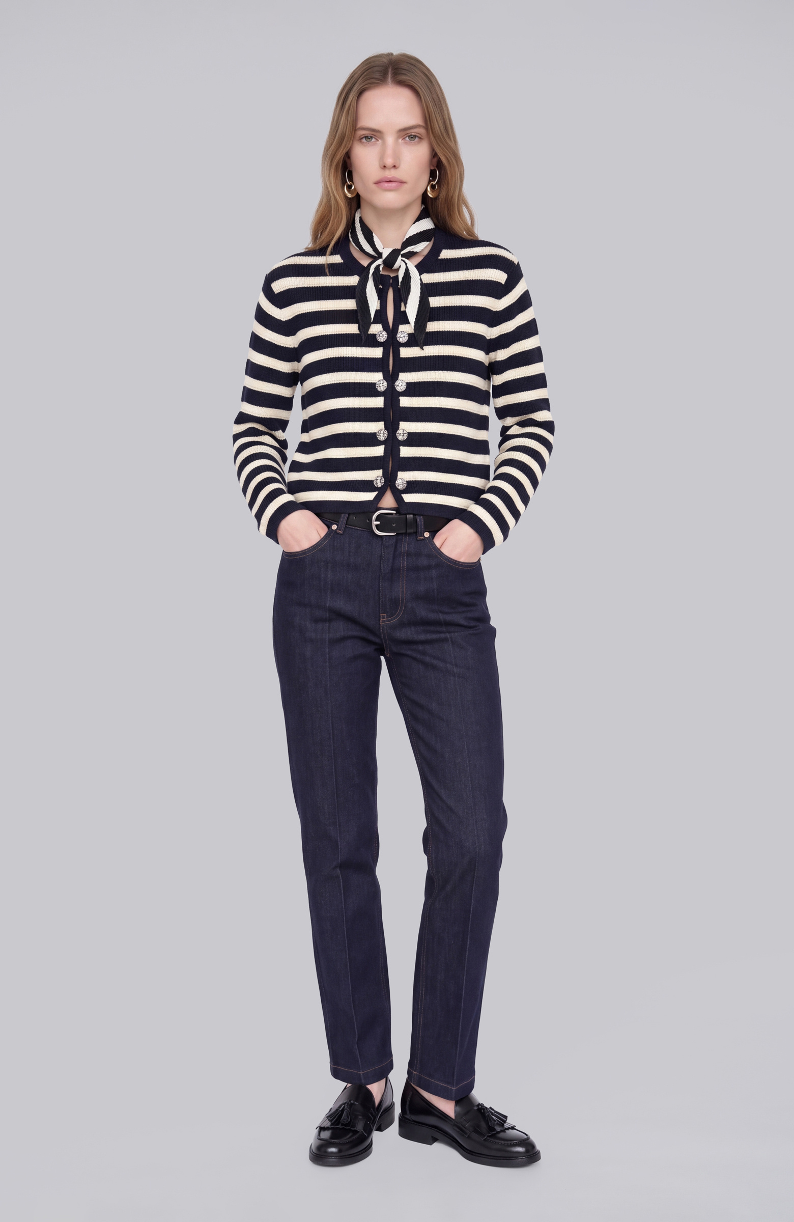Navy Blue Off White Striped Knitwear Jacket