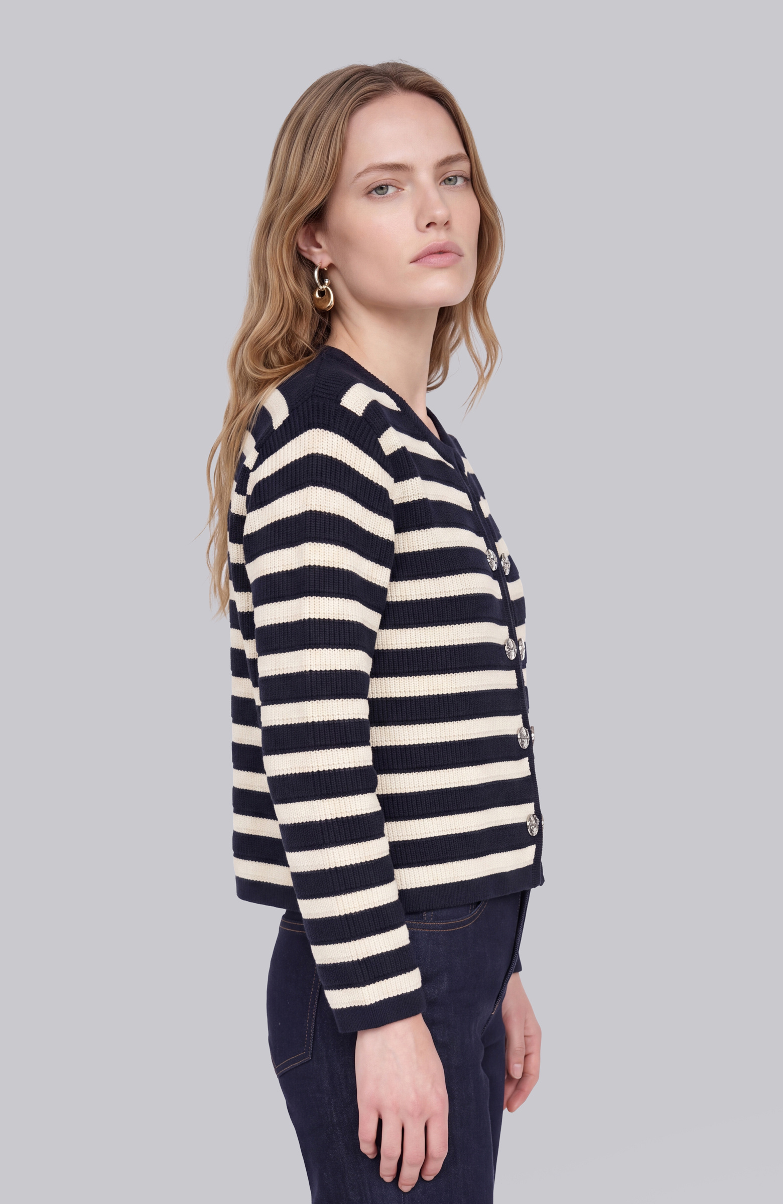 Navy Blue Off White Striped Knitwear Jacket