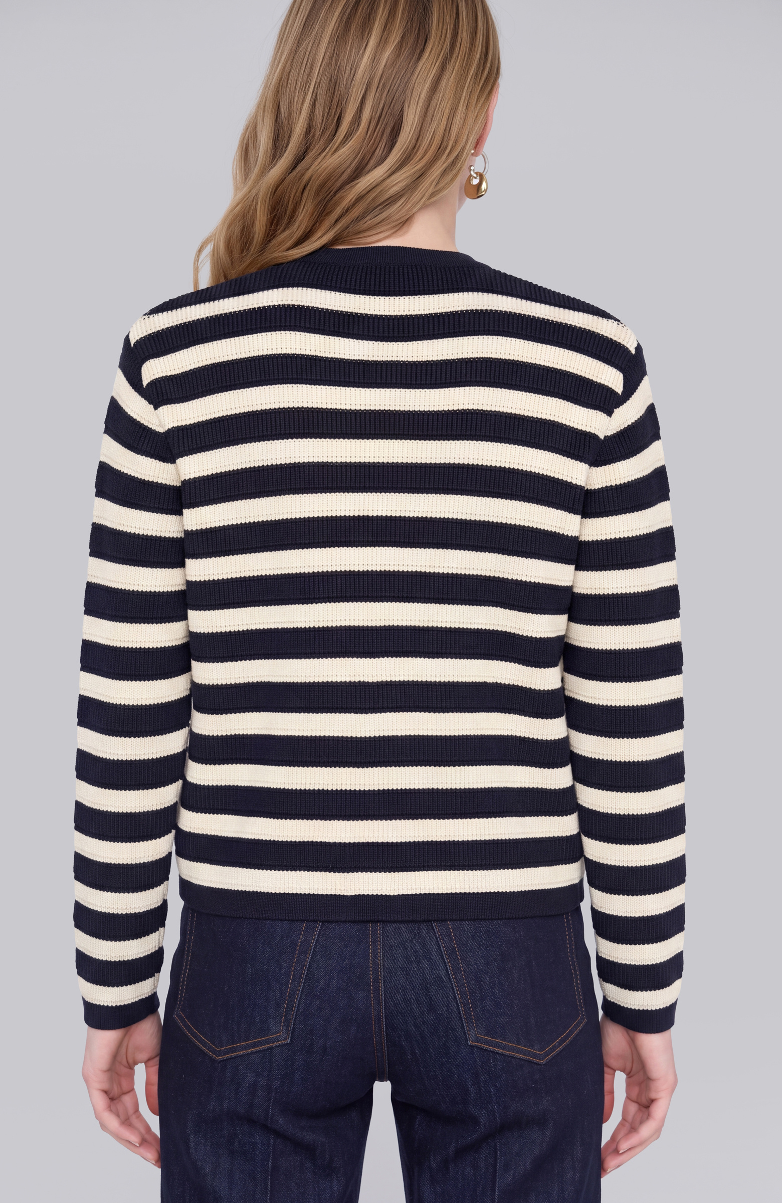 Navy Blue Off White Striped Knitwear Jacket