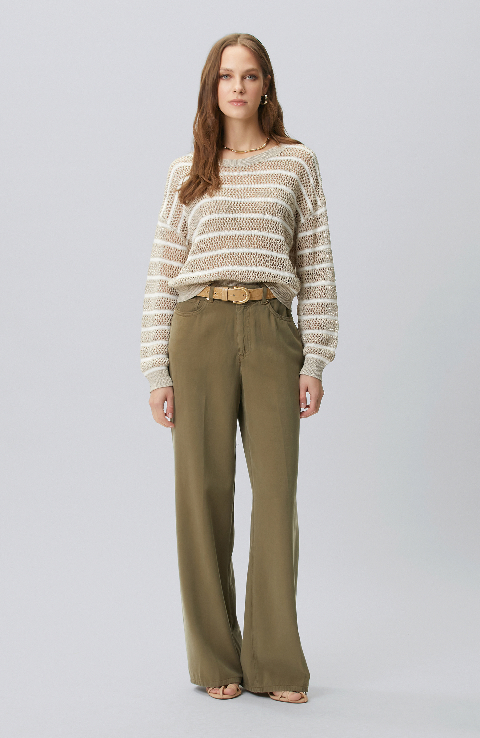 Wide Leg Haki Tencel Karışımlı Casual Pantolon