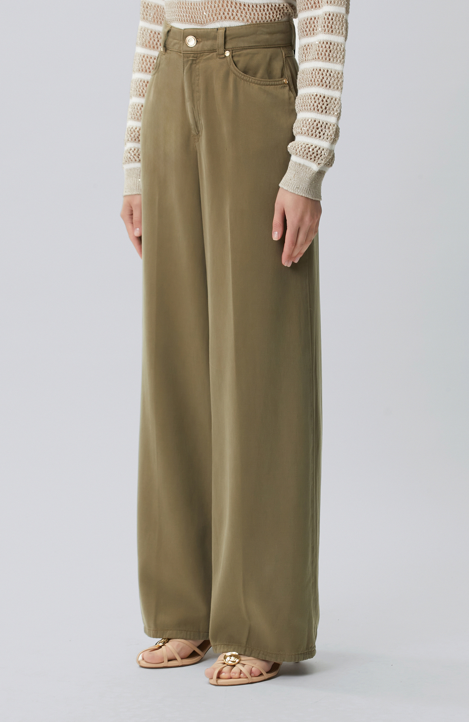 Wide Leg Haki Tencel Karışımlı Casual Pantolon