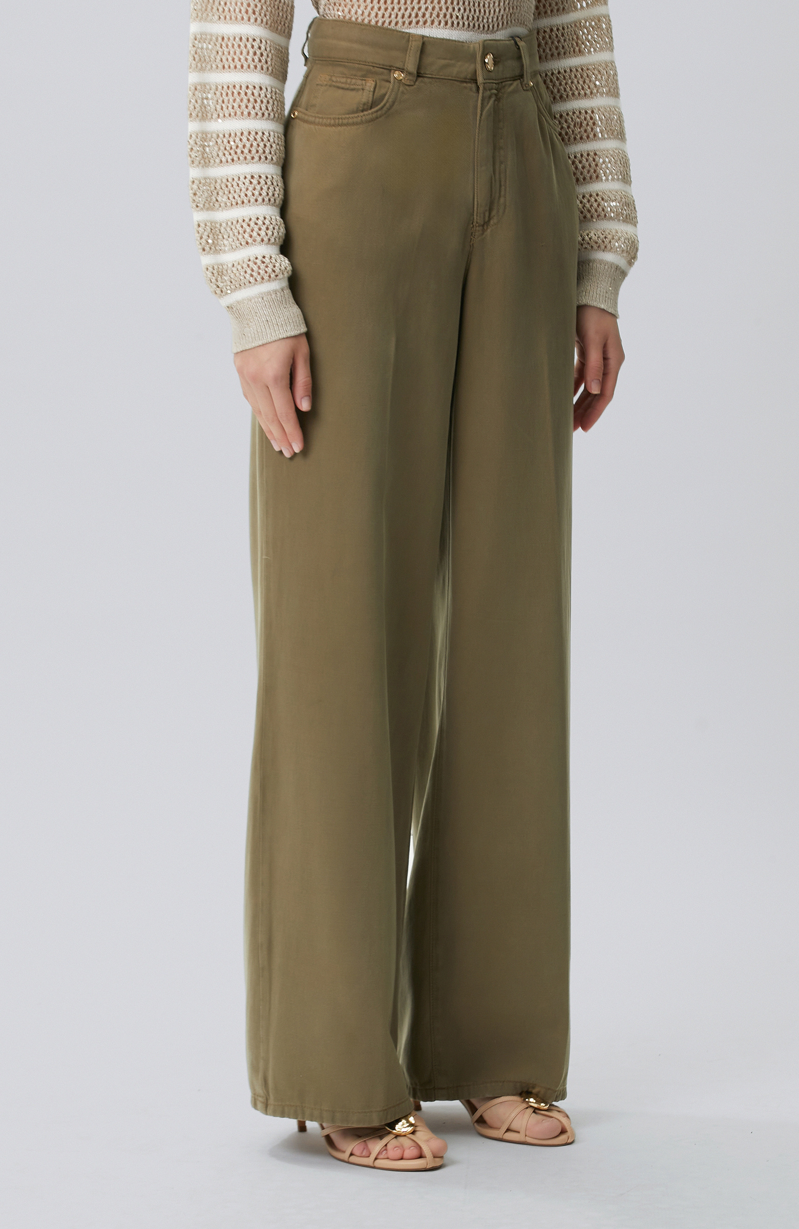 Wide Leg Haki Tencel Karışımlı Casual Pantolon